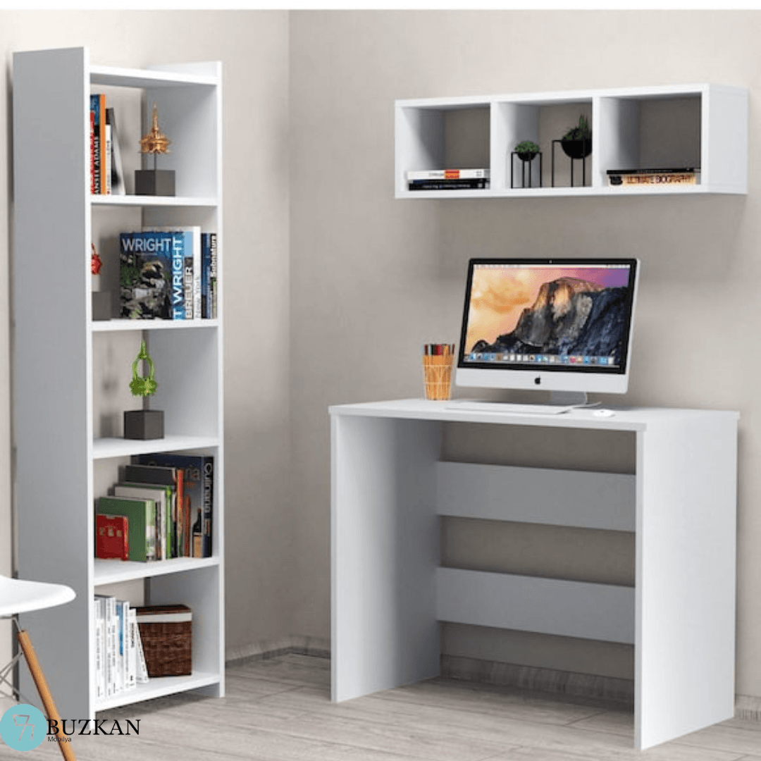 % 100 mdf Beyaz Raflı Kitaplıklı Çalışma Masası
