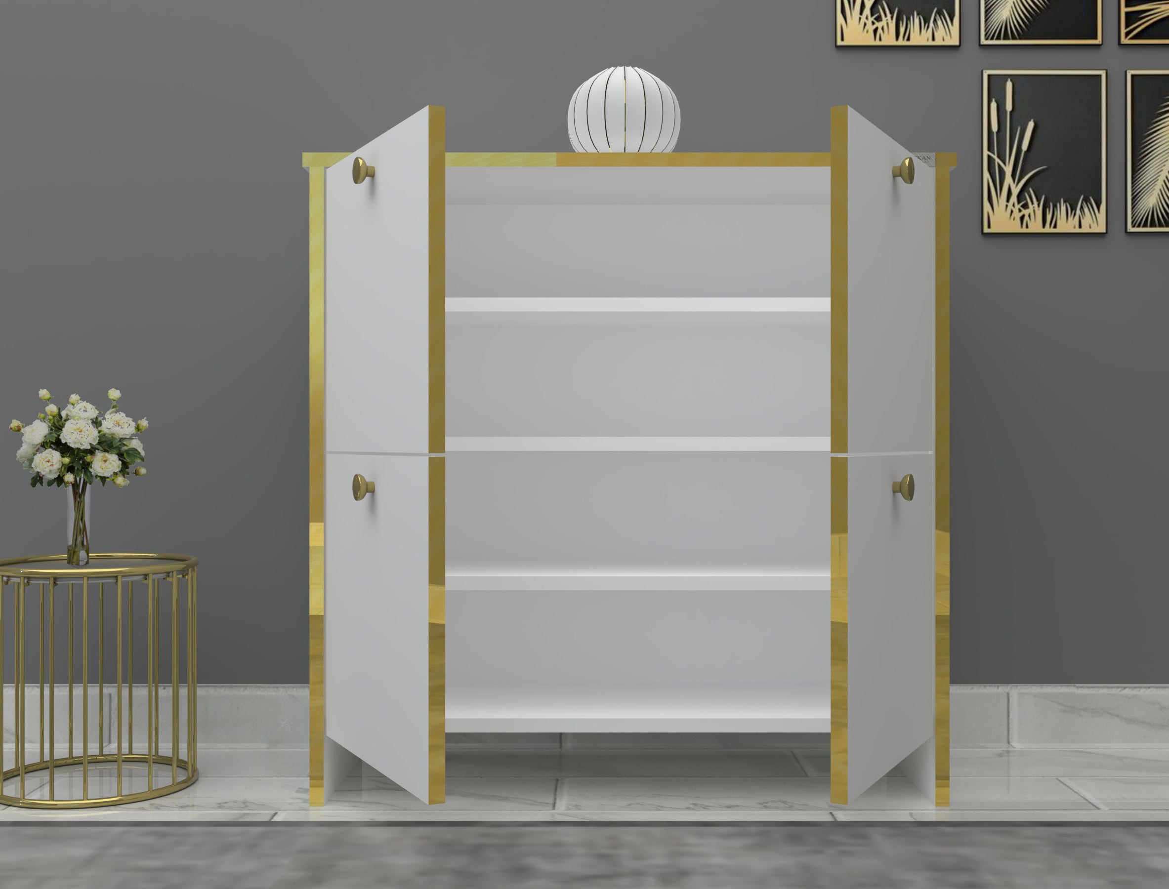 %100 Mdf 4 Kapaklı Küp Altın Sarısı Desenli Gövdeli Ayakkabılık