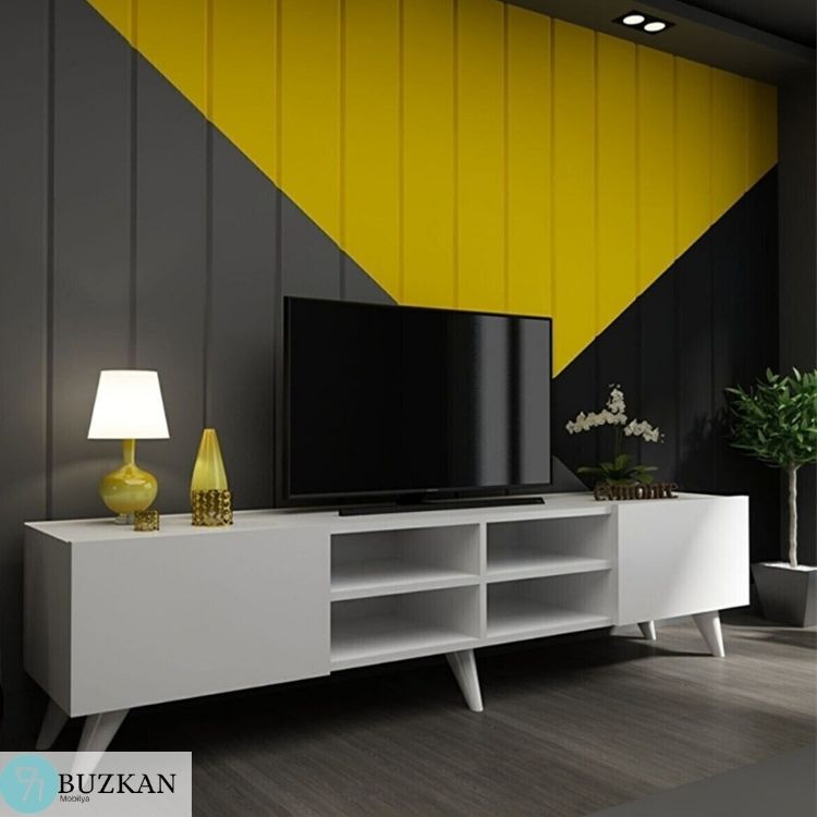 %100 Mdflam 2 Kapaklı Beyaz Parlak Televizyon Ünitesi