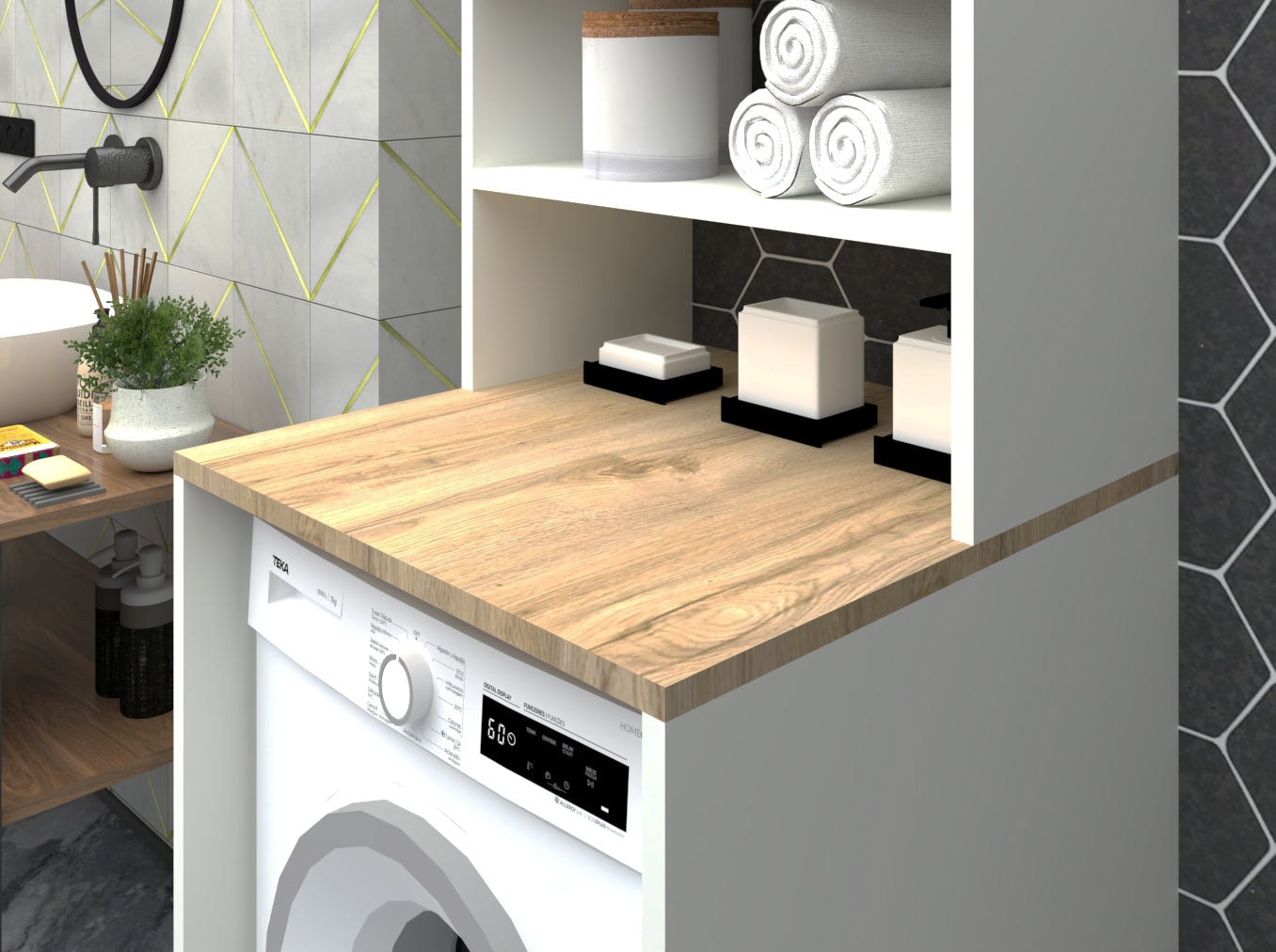 %100 MDF lam Çamaşır Makinesi Dolabı 3 Raflı Kapaklı Banyo Dolabı Beyaz -Ceviz