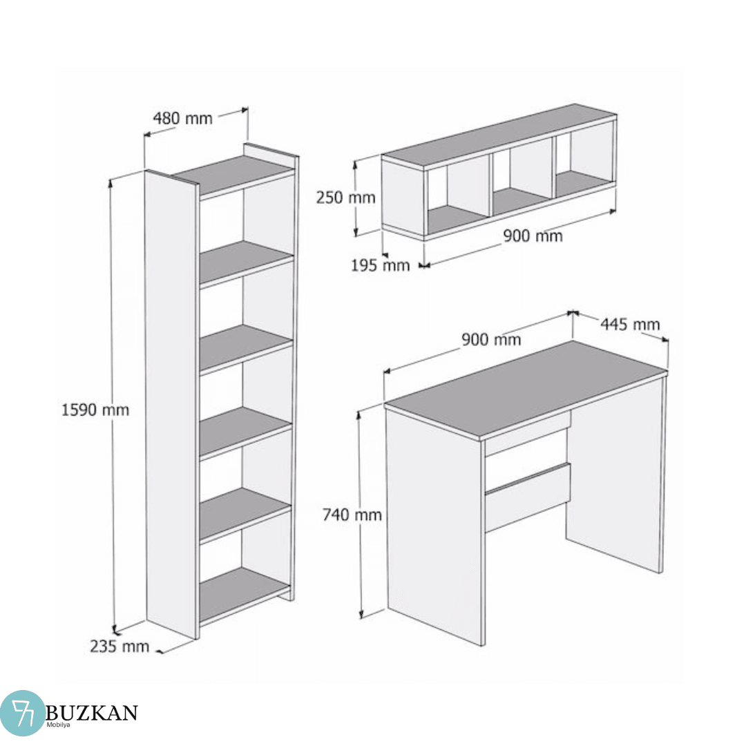 % 100 mdf Beyaz Raflı Kitaplıklı Çalışma Masası