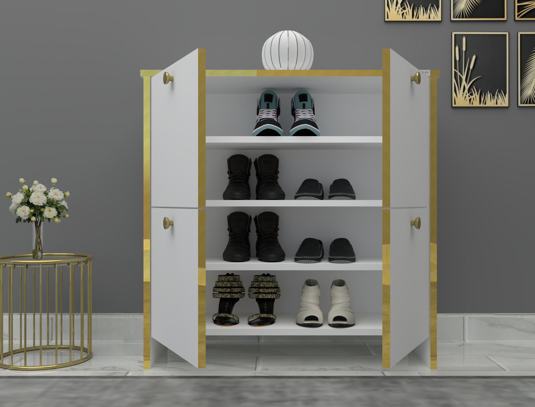 %100 Mdf 4 Kapaklı Küp Altın Sarısı Desenli Gövdeli Ayakkabılık