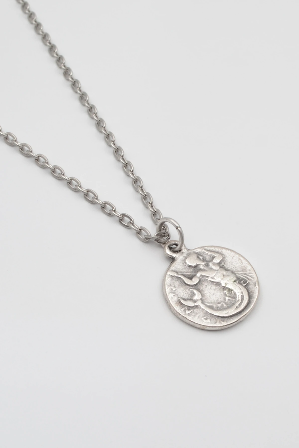 Antik Yunan Sikke Düz Ezme Zincir Kolye - Antik Gümüş Kaplama - Kadın Erkek - 60 cm