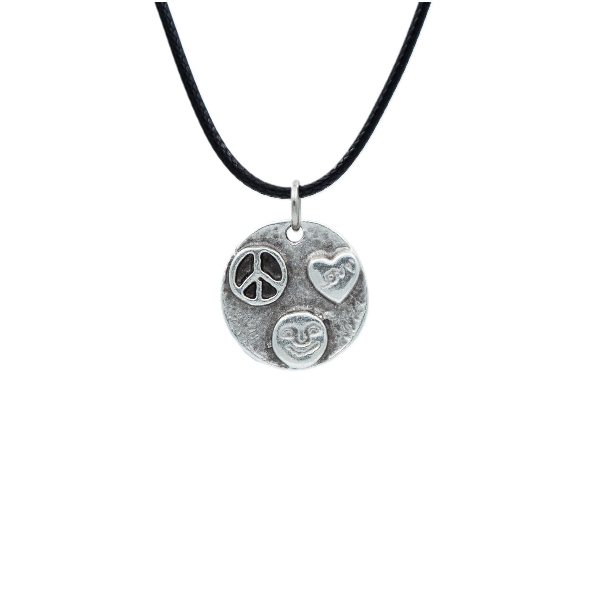 Peace Barış Sembolü - Kalp - Gülen Surat Kolye - Gümüş ( Silver ) Renk - 60 cm Deri İp Kolye