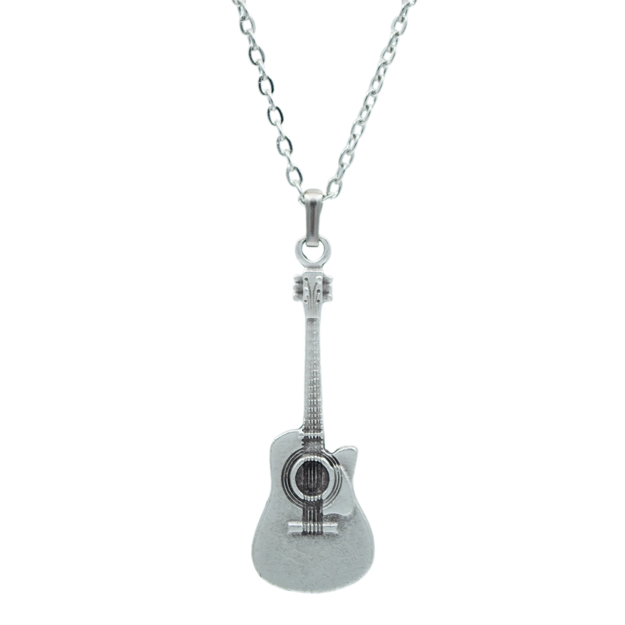 Akustik Gitar Kolye - Gümüş ( Silver ) Renk - 60 cm Düz Ezme Zincir Kolye