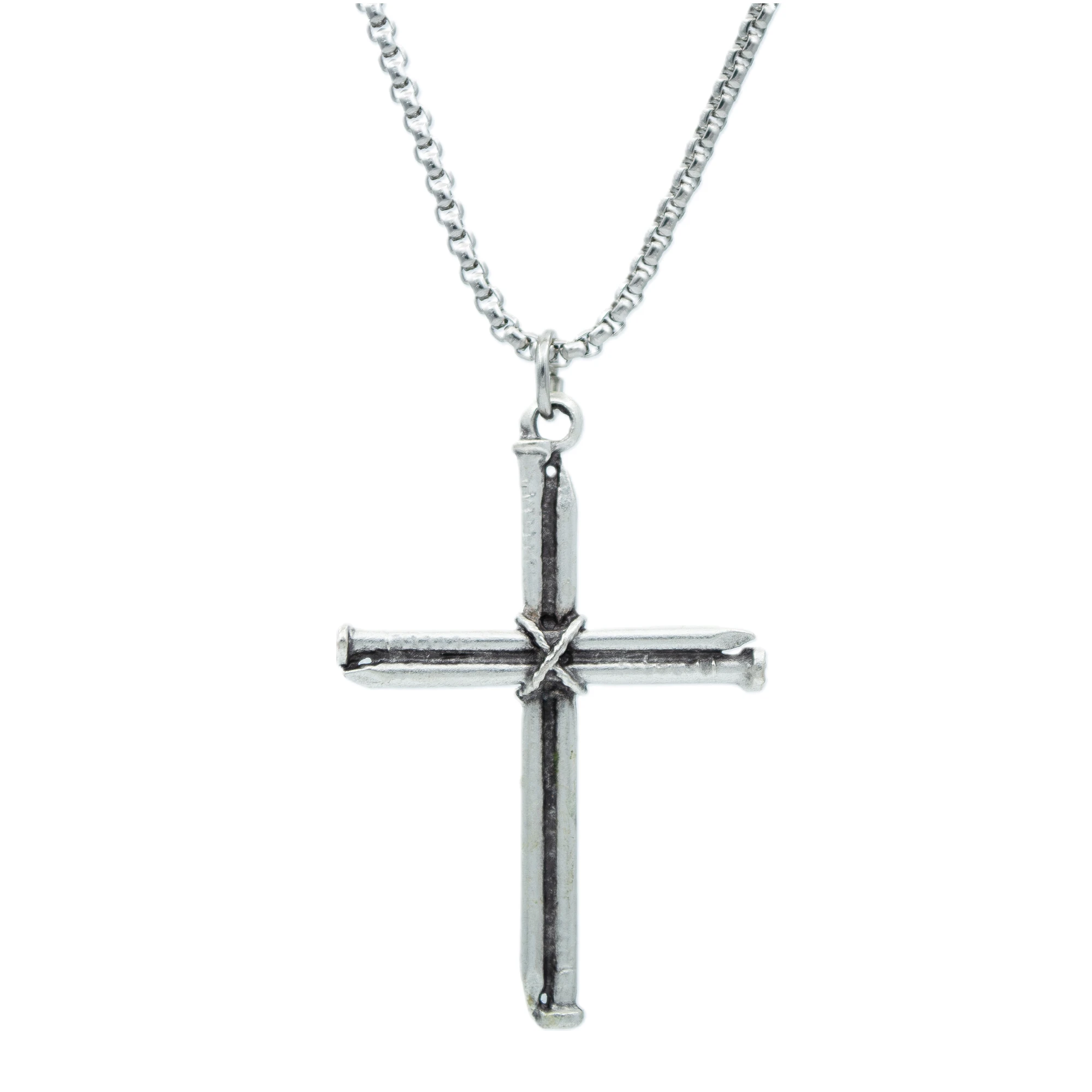 Çivili Haç Kolye - Gümüş ( Silver ) Renk - 60 cm Örme Zincir Kolye