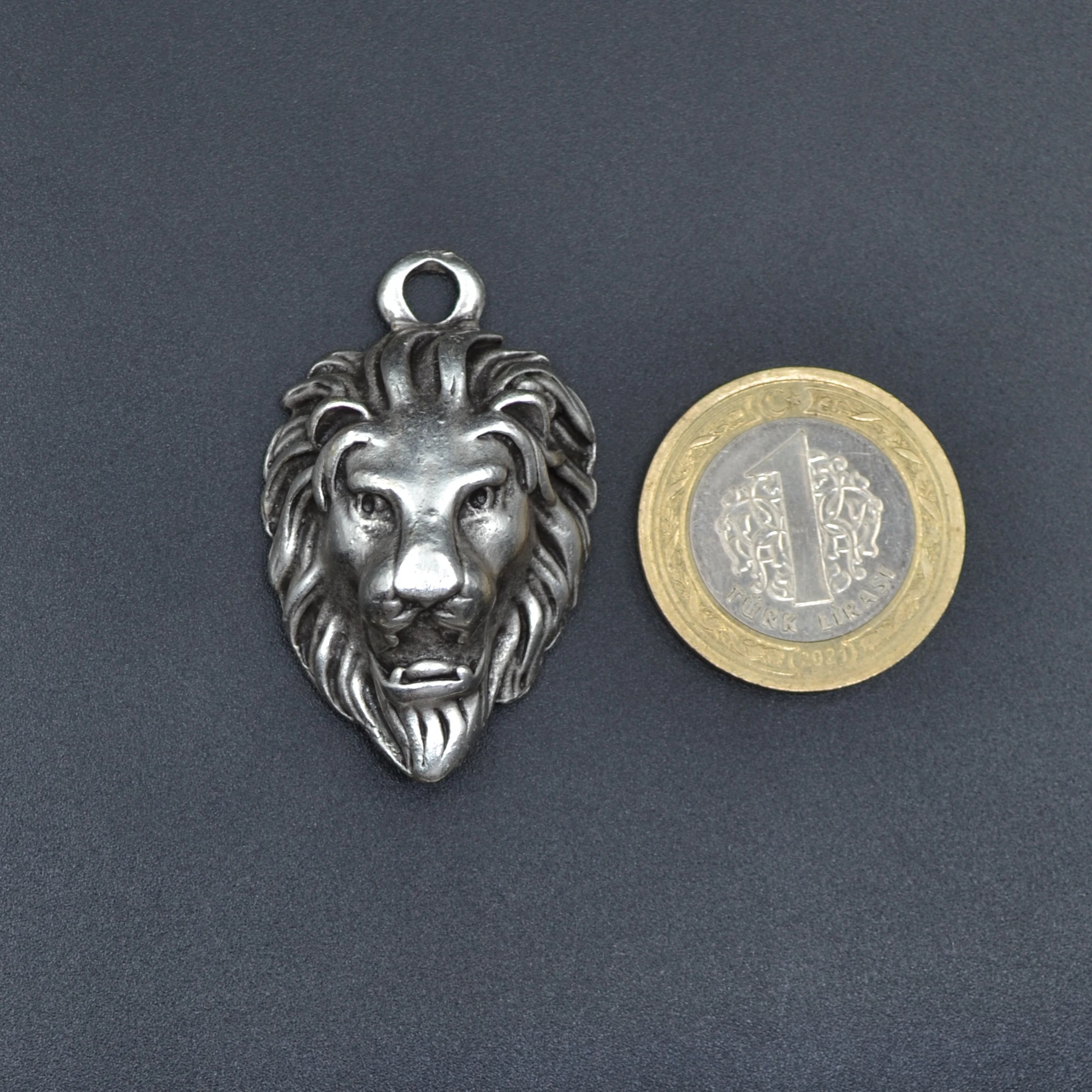 Aslan Kafası Şeklinde Kolye - Gümüş ( Silver ) Renk - 60 cm Deri İp Kolye