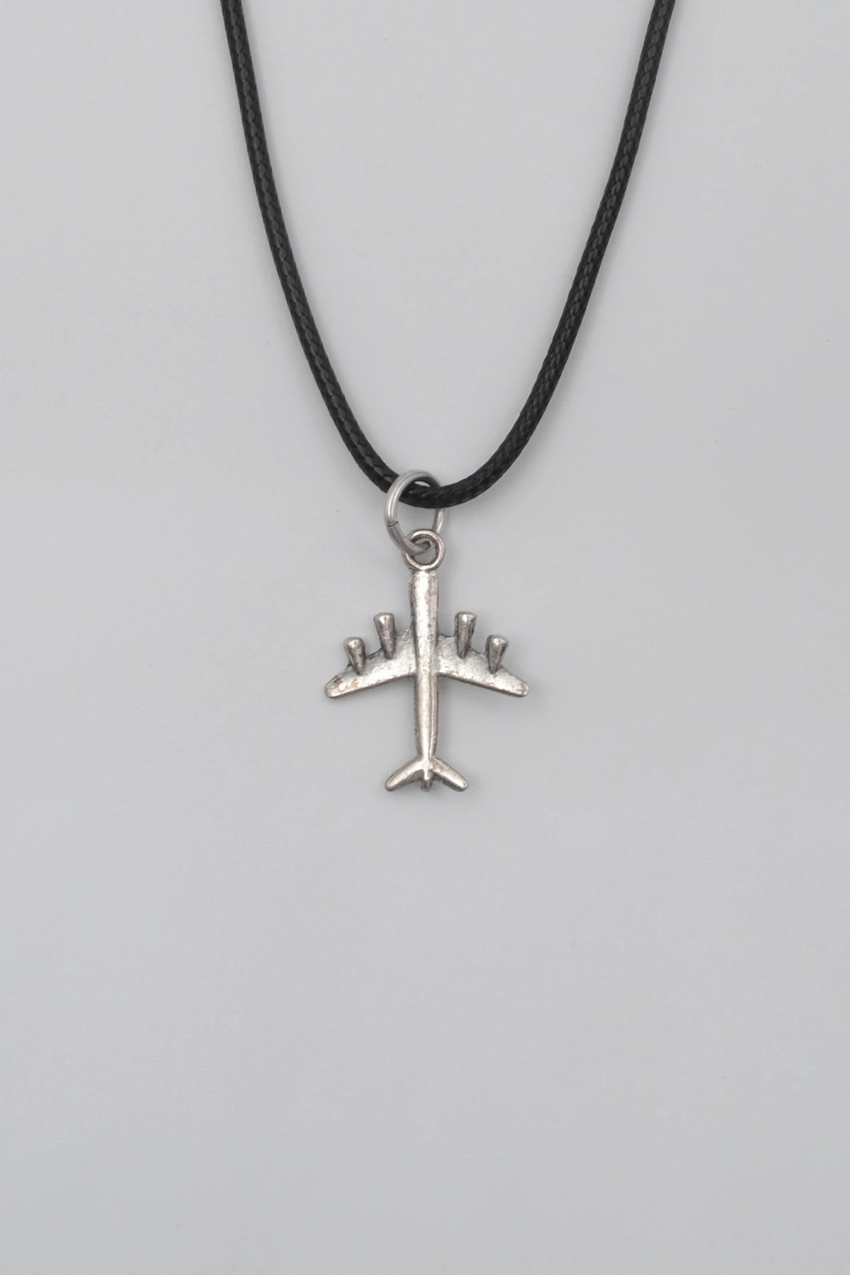 Küçük Uçak Siyah Deri İp Kolye - Antik Gümüş Kaplama - Kadın Erkek - 60 cm