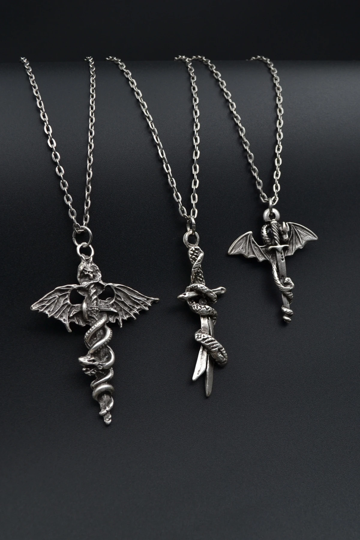 3'lü Yarasa Kılıç Yılan Kılıç Ejderha Kılıç Erkek Kadın Kolye Seti
