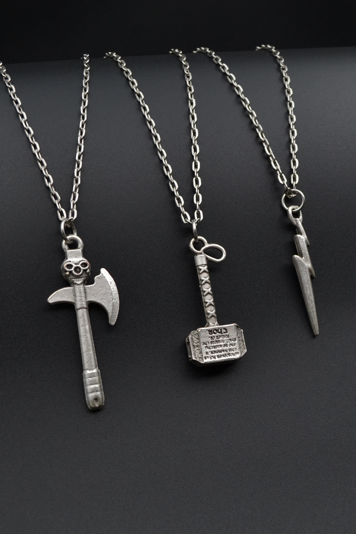 3'lü Thor Çekiç Flash Şimşek Kuru Kafa Balta Erkek Kadın Kolye Seti