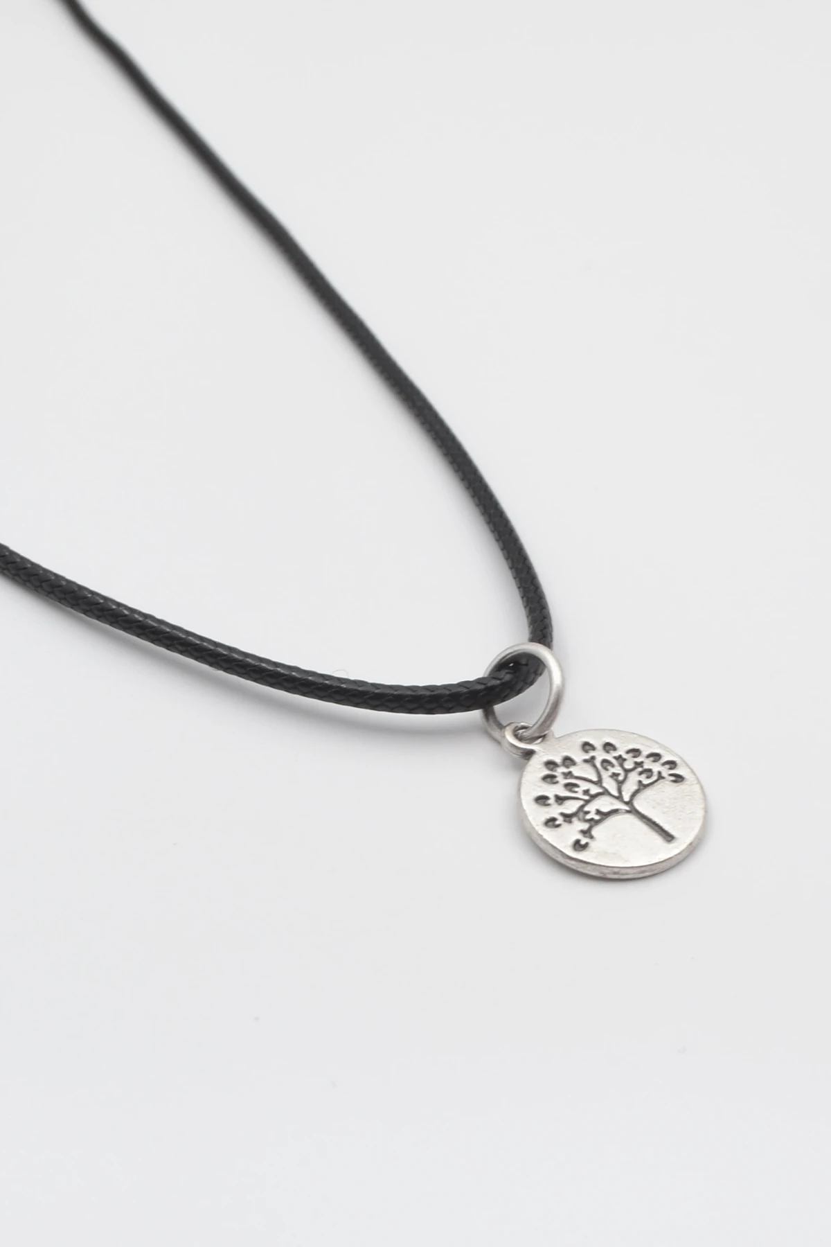 Yuvarlak Hayat Ağacı Siyah Deri İp Kolye - Antik Gümüş Kaplama - Kadın Erkek - 60 cm