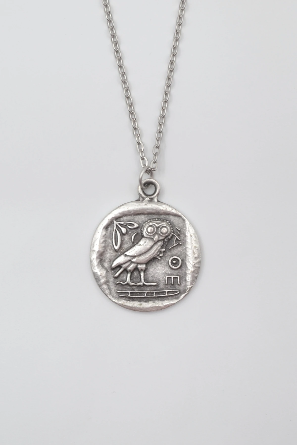 Yunan Mitolojisi Baykuş Düz Ezme Zincir Kolye - Antik Gümüş Kaplama - Kadın Erkek - 60 cm