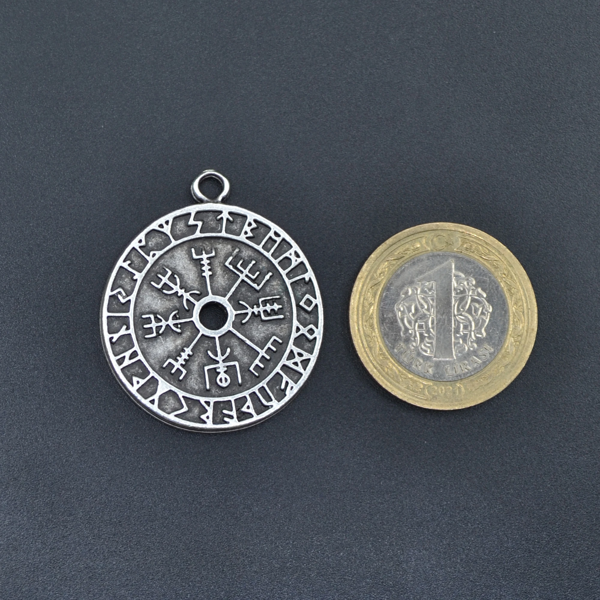 Vegvisir Pusula - Viking Sembol Kolye - Gümüş ( Silver ) Renk - 60 cm Düz Ezme Zincir Kolye