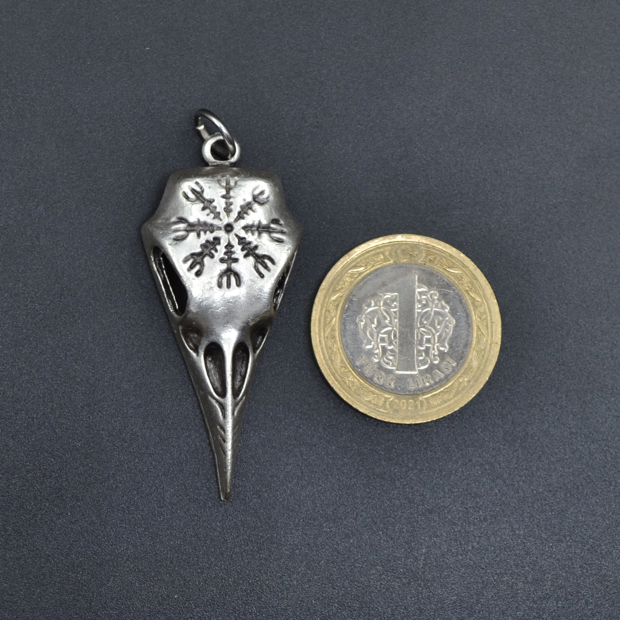 Kuzgun Kafatası - Vegvisir Kolye - Gümüş ( Silver ) Renk - 60 cm Deri İp Kolye