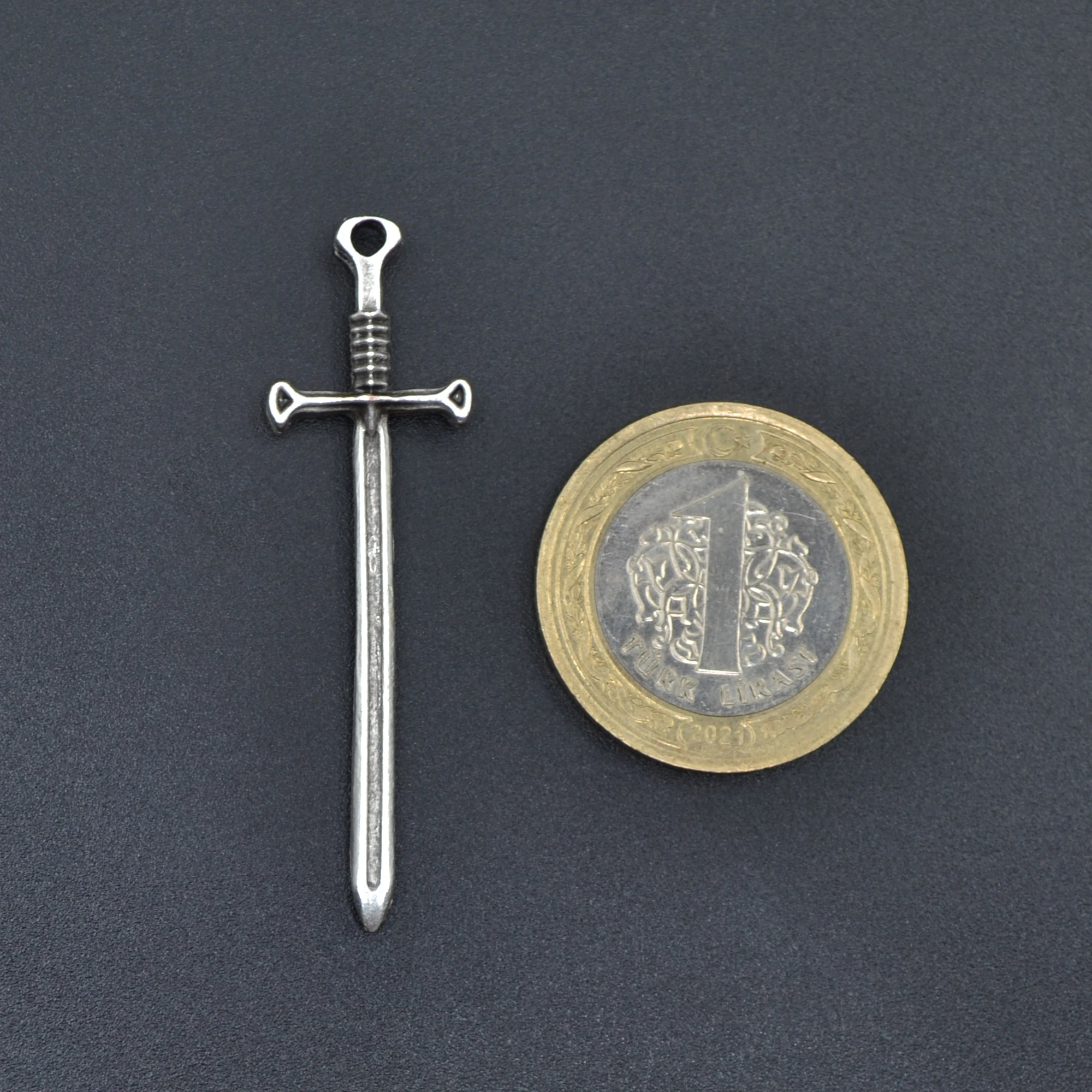Kılıç Kolye - Gümüş ( Silver ) Renk - 60 cm Deri İp Kolye