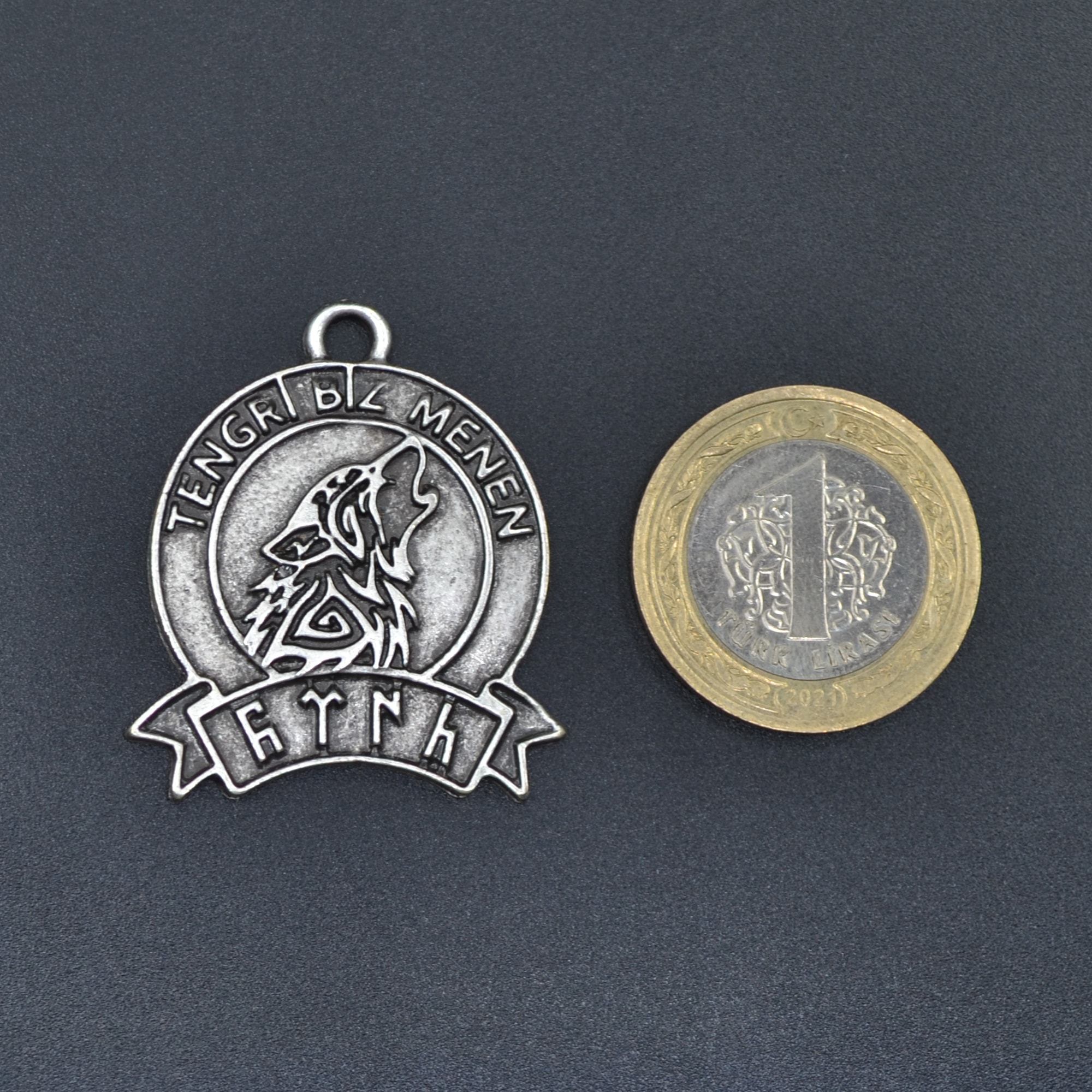 Tengri Biz Menen Göktürkçe Türk Kolye - Gümüş ( Silver ) Renk - 60 cm Deri İp Kolye