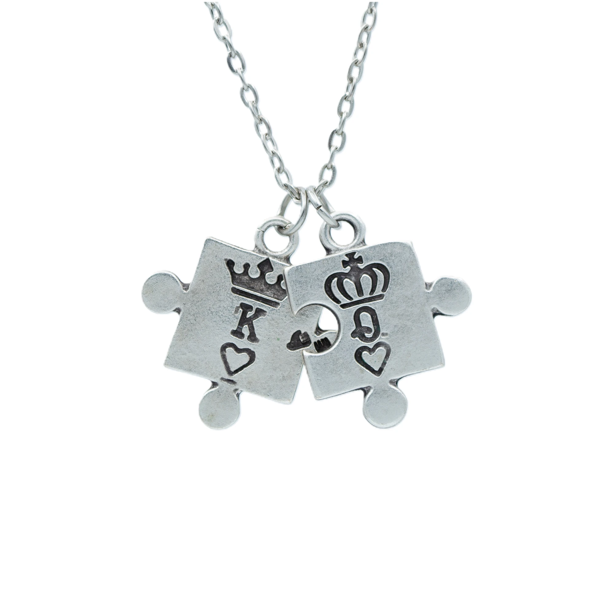 Puzzle - Queen - King Kolye - Gümüş ( Silver ) Renk - 60 cm Düz Ezme Zincir Kolye