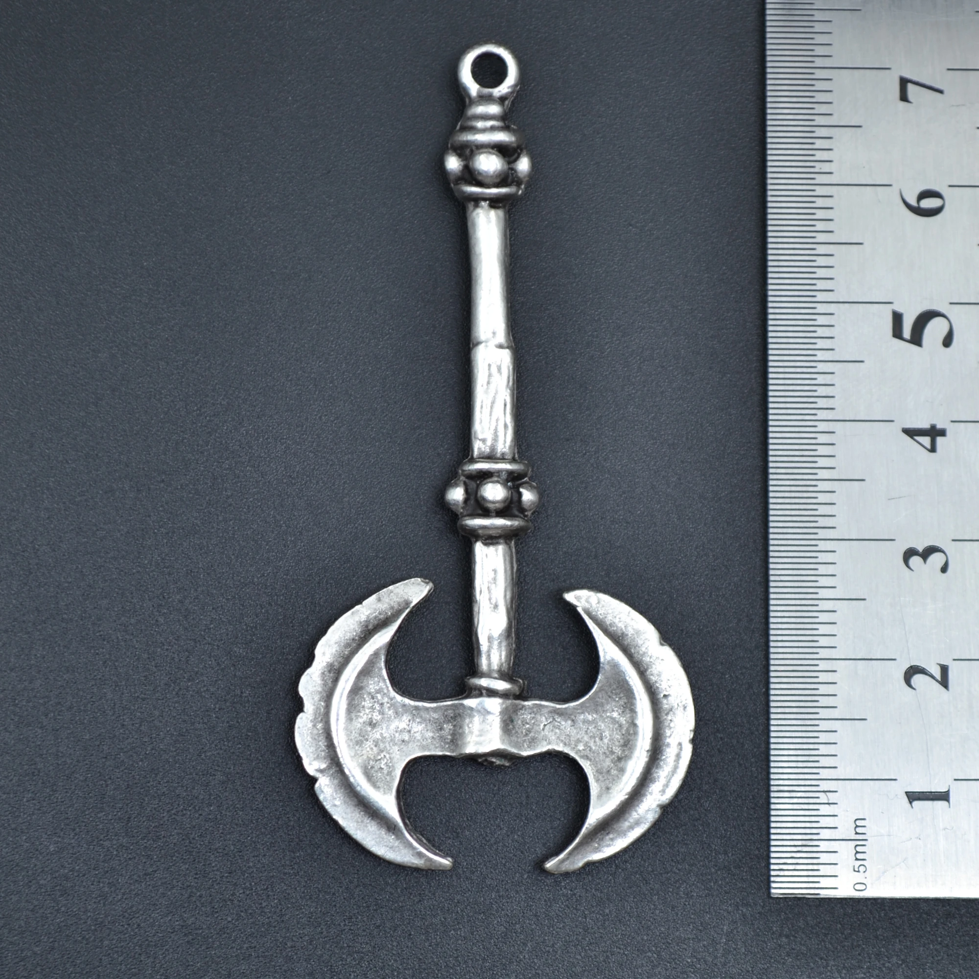 Çift Taraflı Savaşçı Balta Kolye - Gümüş ( Silver ) Renk - 60 cm Deri İp Kolye