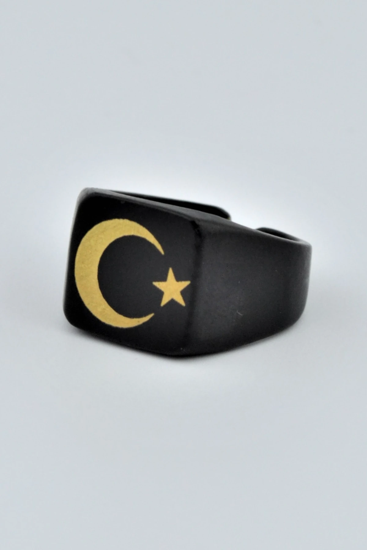 Ay Yıldız Kare Şovalye Mat Siyah Ayarlamalı Erkek Yüzük