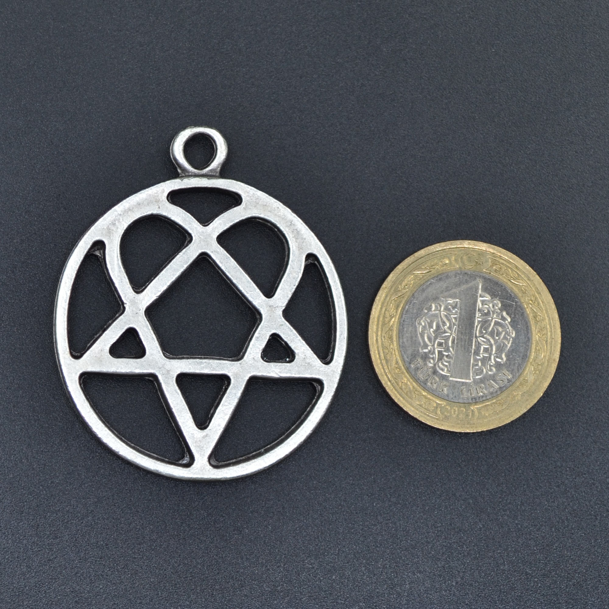 Büyük Heartagram Kolye - Gümüş ( Silver ) Renk - 60 cm Düz Ezme Zincir Kolye