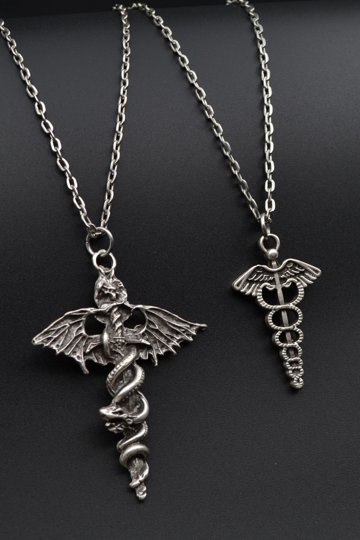 2'li Yarasa Yılan Kılıç Tıp Kadüse Erkek Kadın Kolye Seti