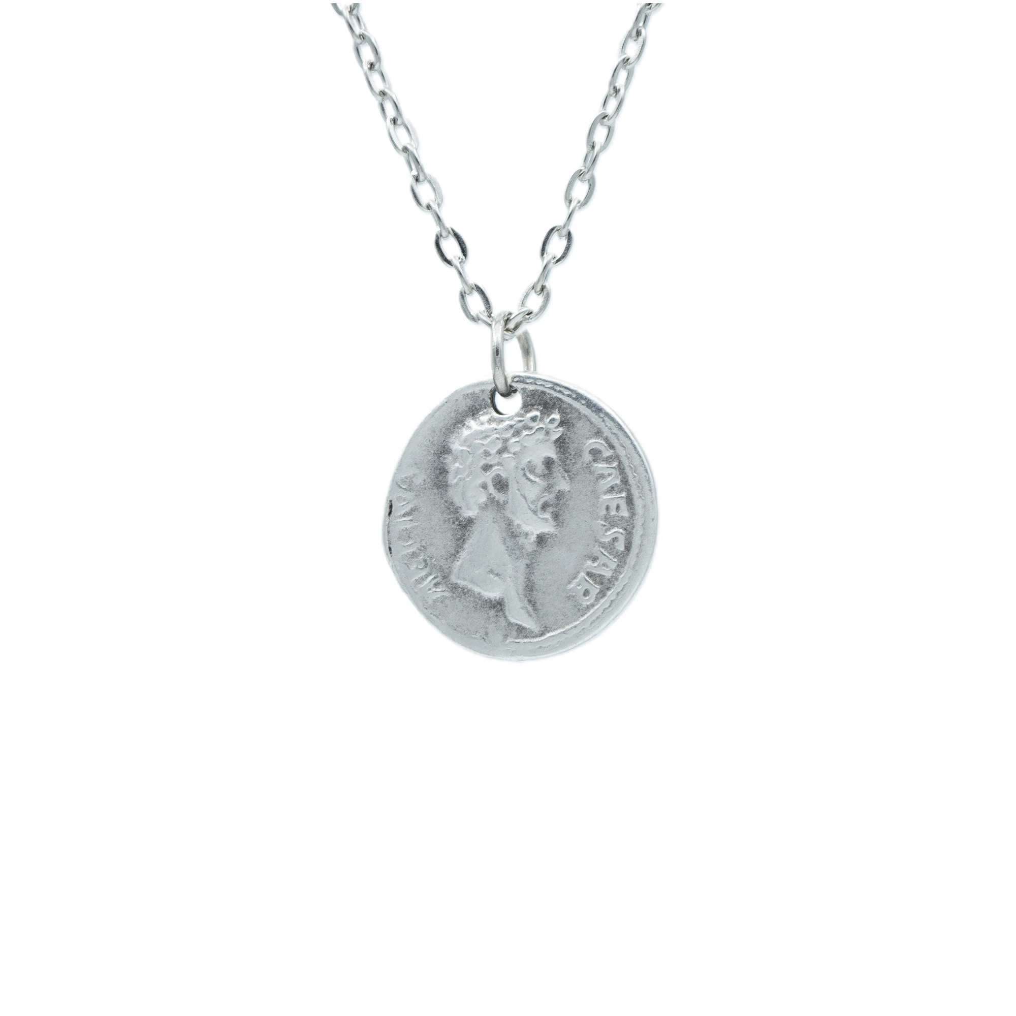 Caesar Roma Parası Sikke Kolye - Gümüş ( Silver ) Renk - 60 cm Düz Ezme Zincir Kolye