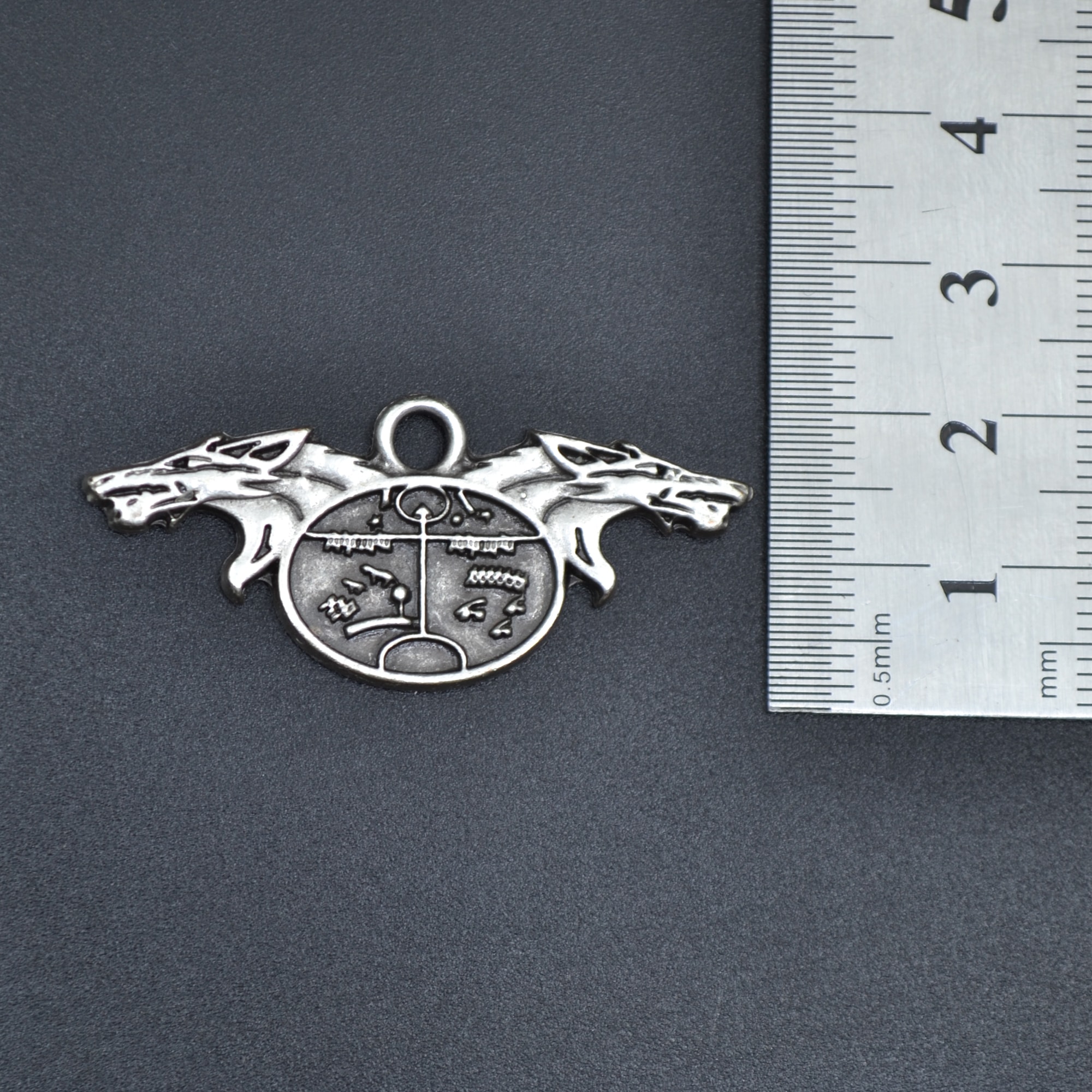 Şaman Kam Davulu - Kurt Kolye - Gümüş ( Silver ) Renk - 60 cm Deri İp Kolye