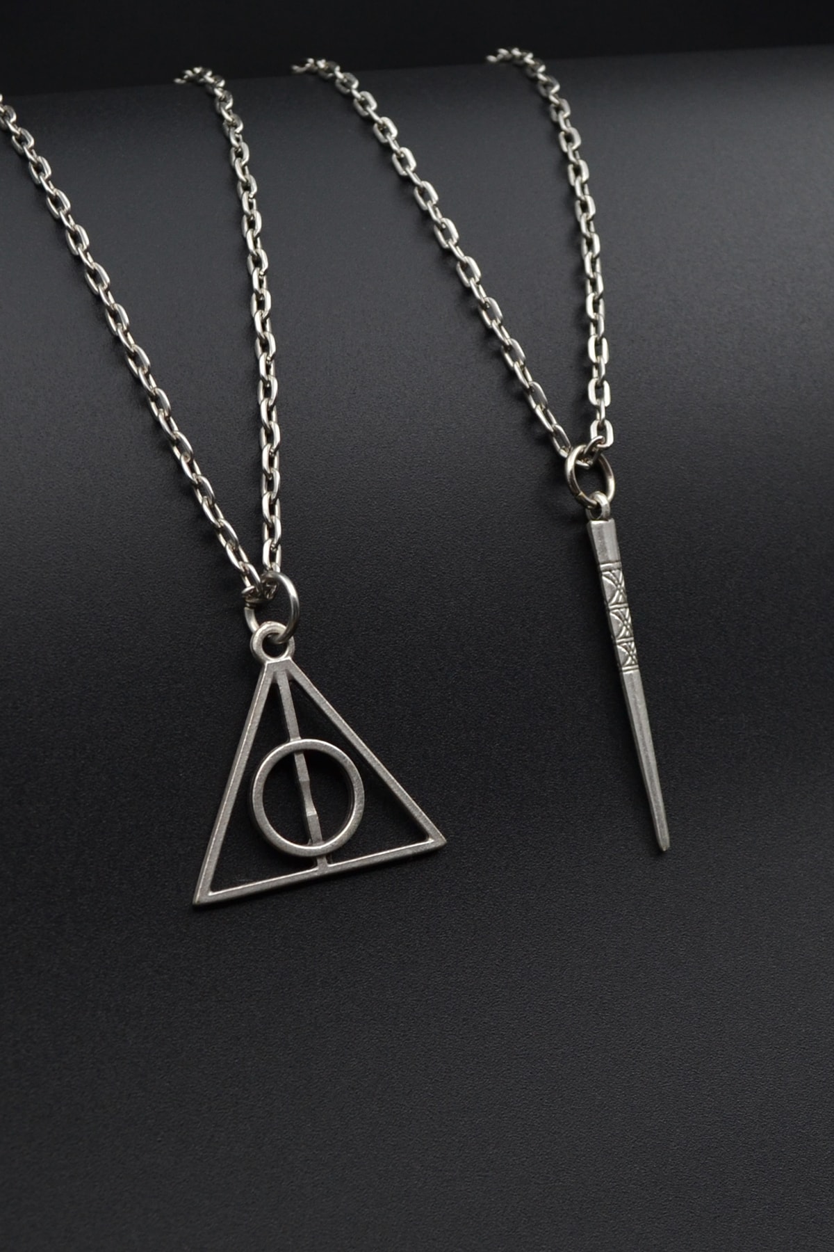 2'li Harry Potter Ölüm Yadigarları Üçgen - Antik Çubuk Erkek Kadın Kolye Seti
