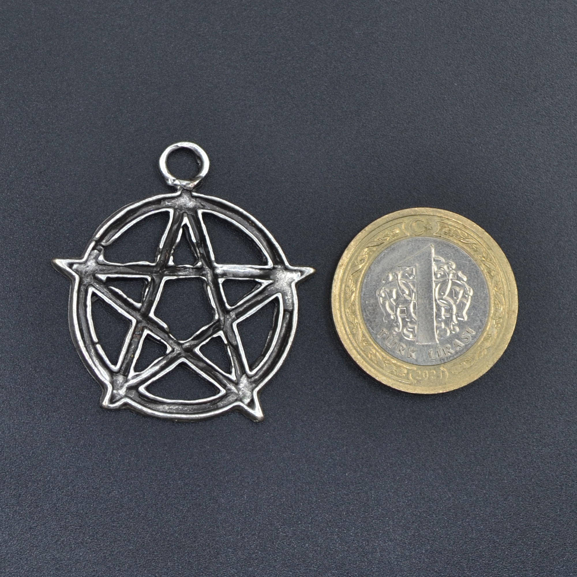 Pentagram Yıldızı Kolye - Gümüş ( Silver ) Renk - 60 cm Deri İp Kolye