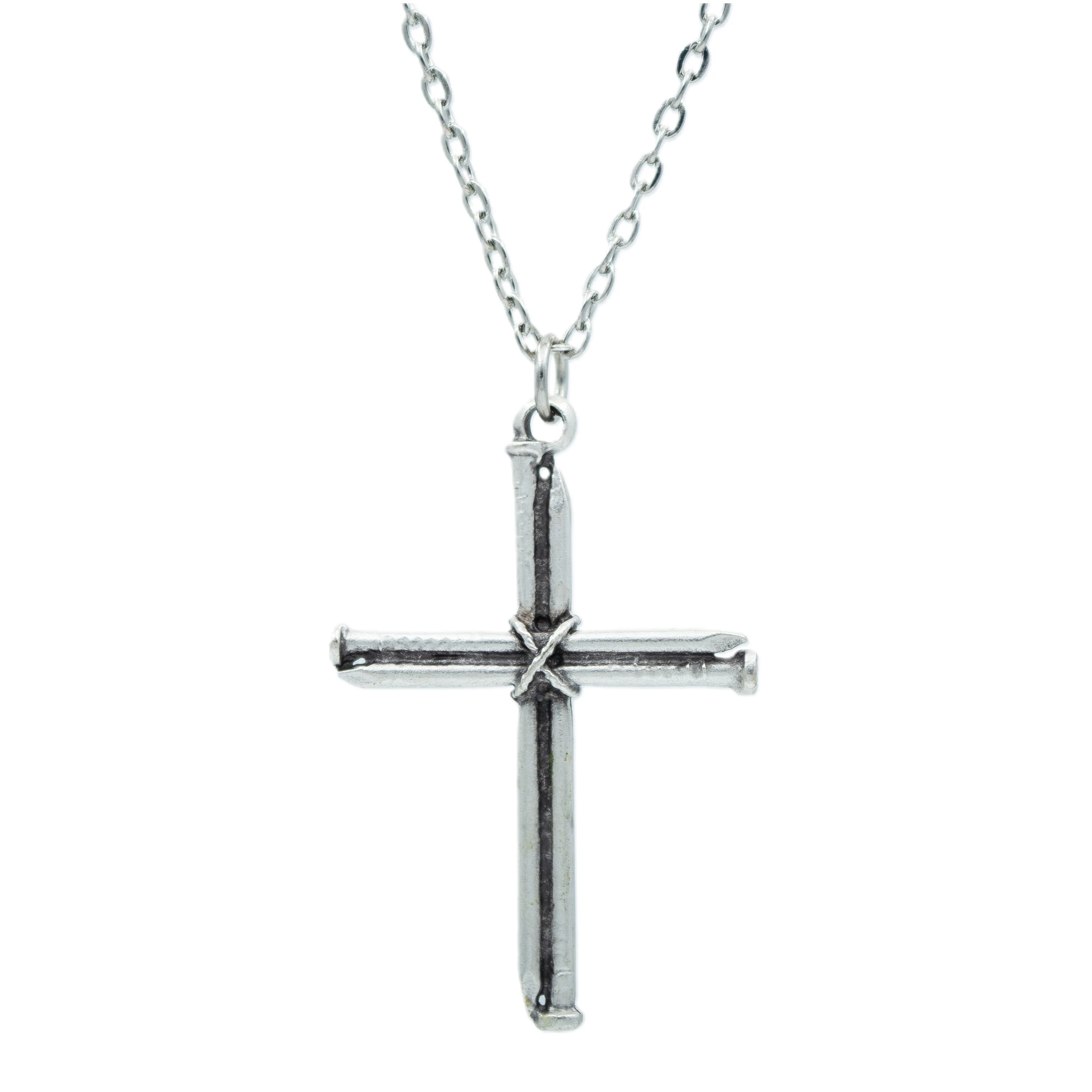 Çivili Haç Kolye - Gümüş ( Silver ) Renk - 60 cm Düz Ezme Zincir Kolye