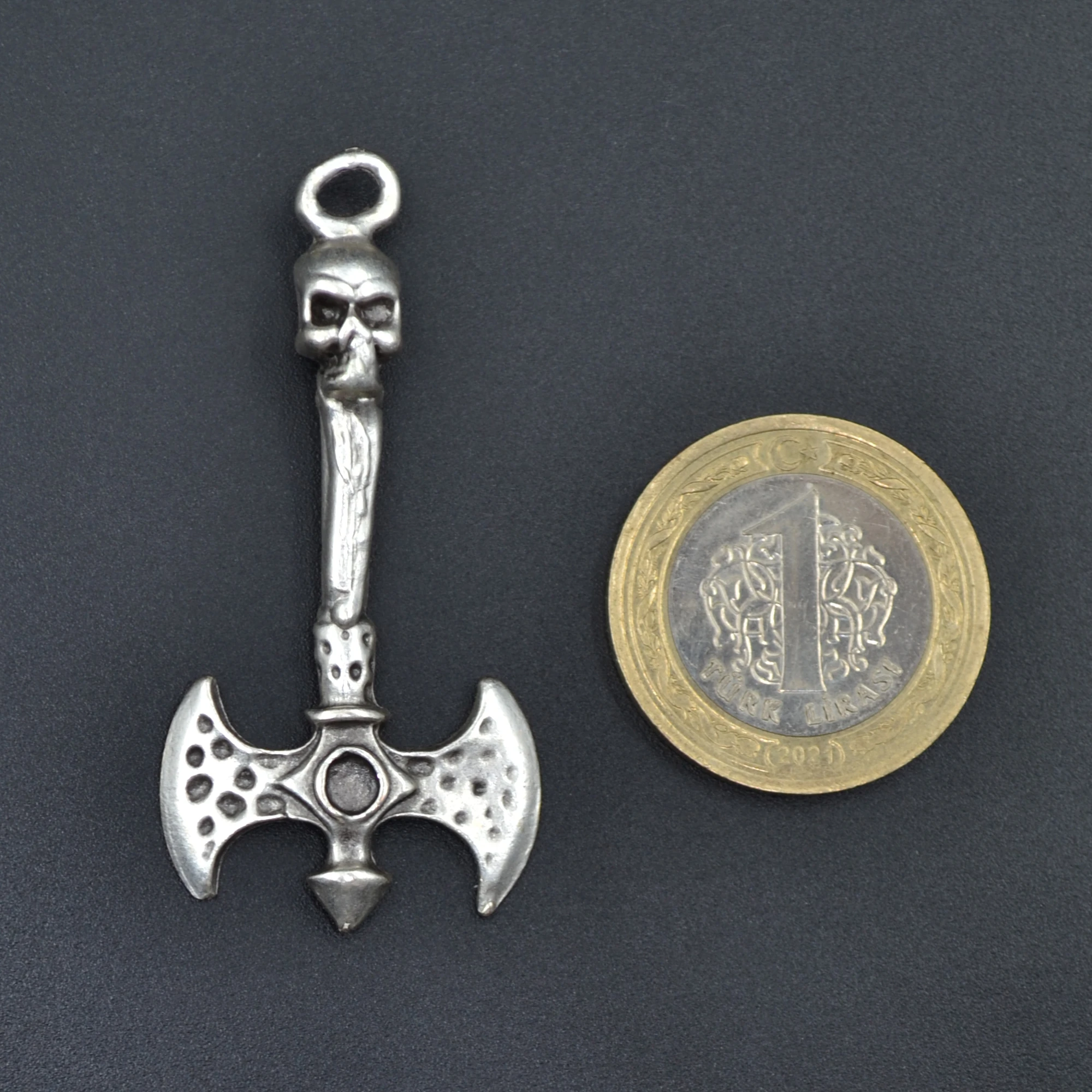 Çift Taraflı Savaşçı Balta Kolye - Gümüş ( Silver ) Renk - 60 cm Deri İp Kolye