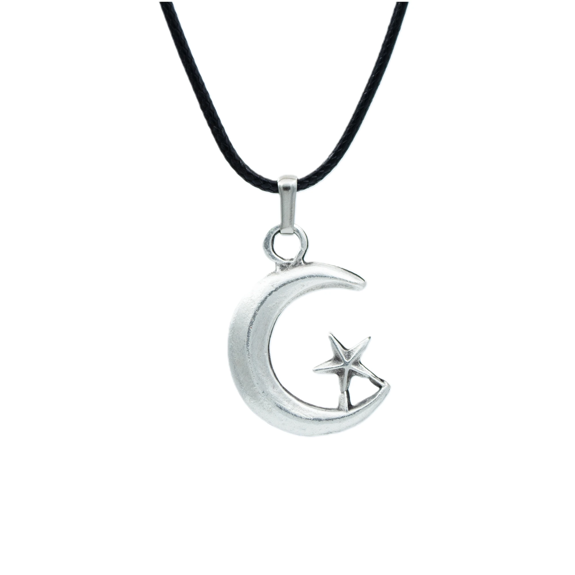 Ay Yıldız Kolye - Gümüş ( Silver ) Renk - 60 cm Deri İp Kolye