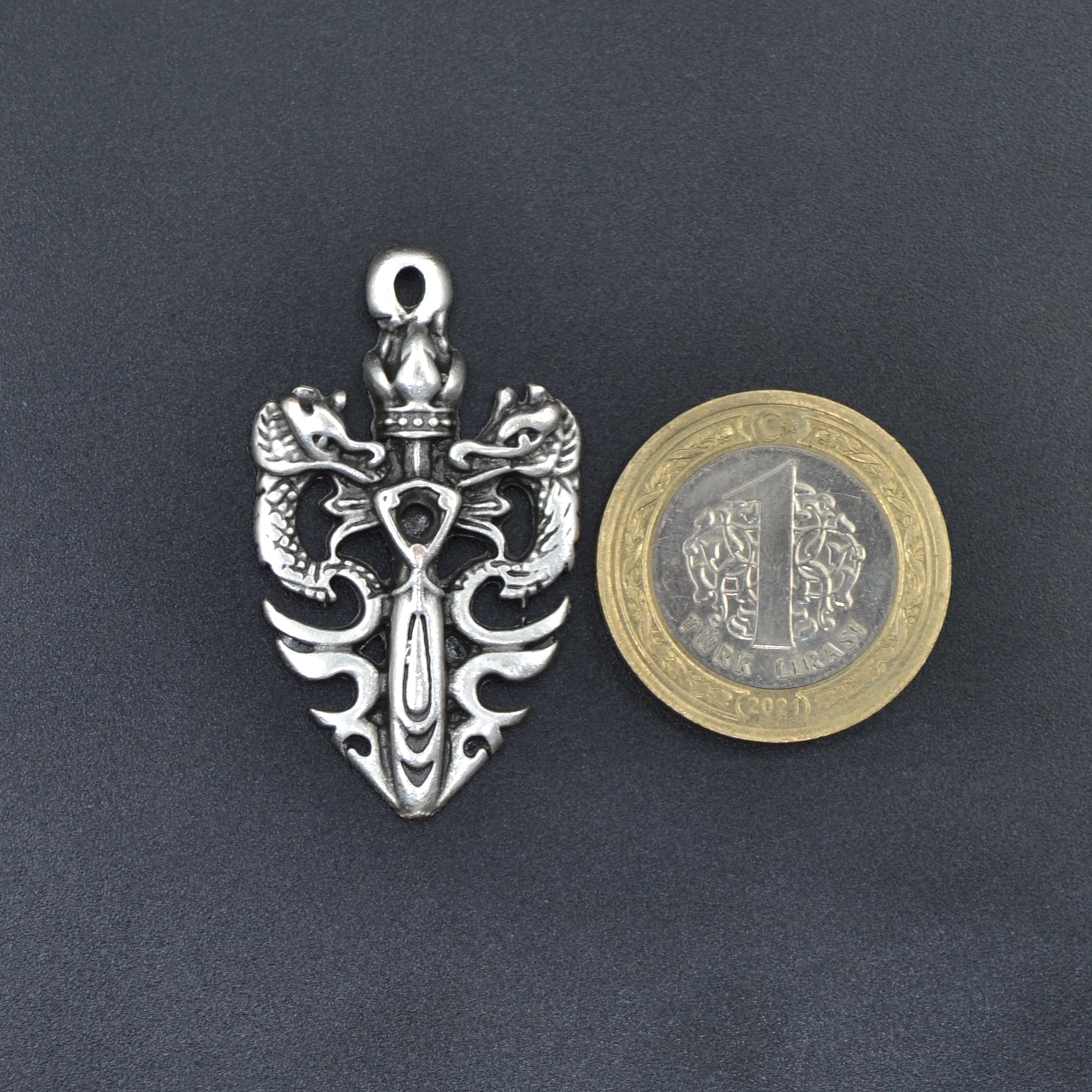 Ejderha Kılıç Kolye - Gümüş ( Silver ) Renk - 60 cm Deri İp Kolye