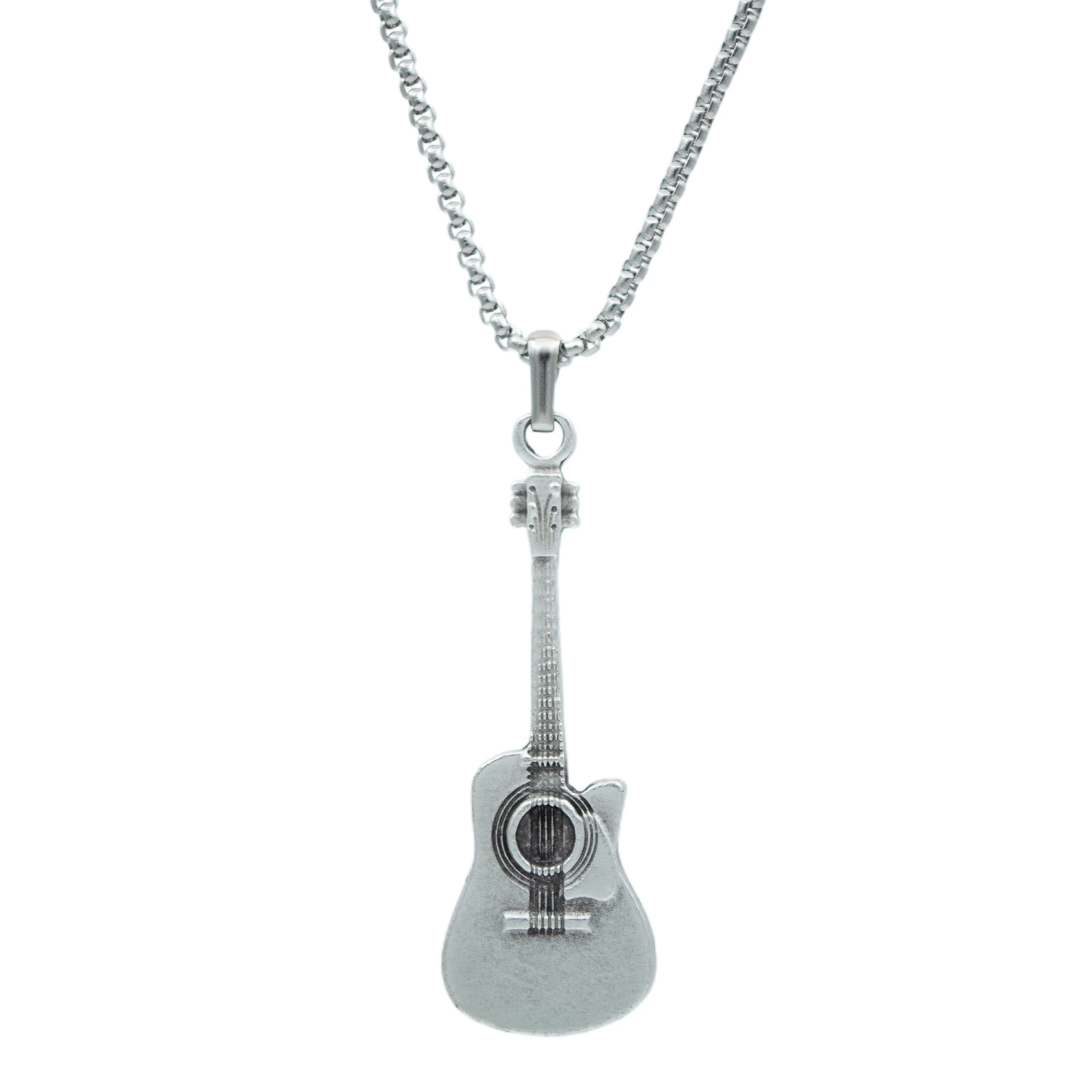 Akustik Gitar Kolye - Gümüş ( Silver ) Renk - 60 cm Örme Zincir Kolye