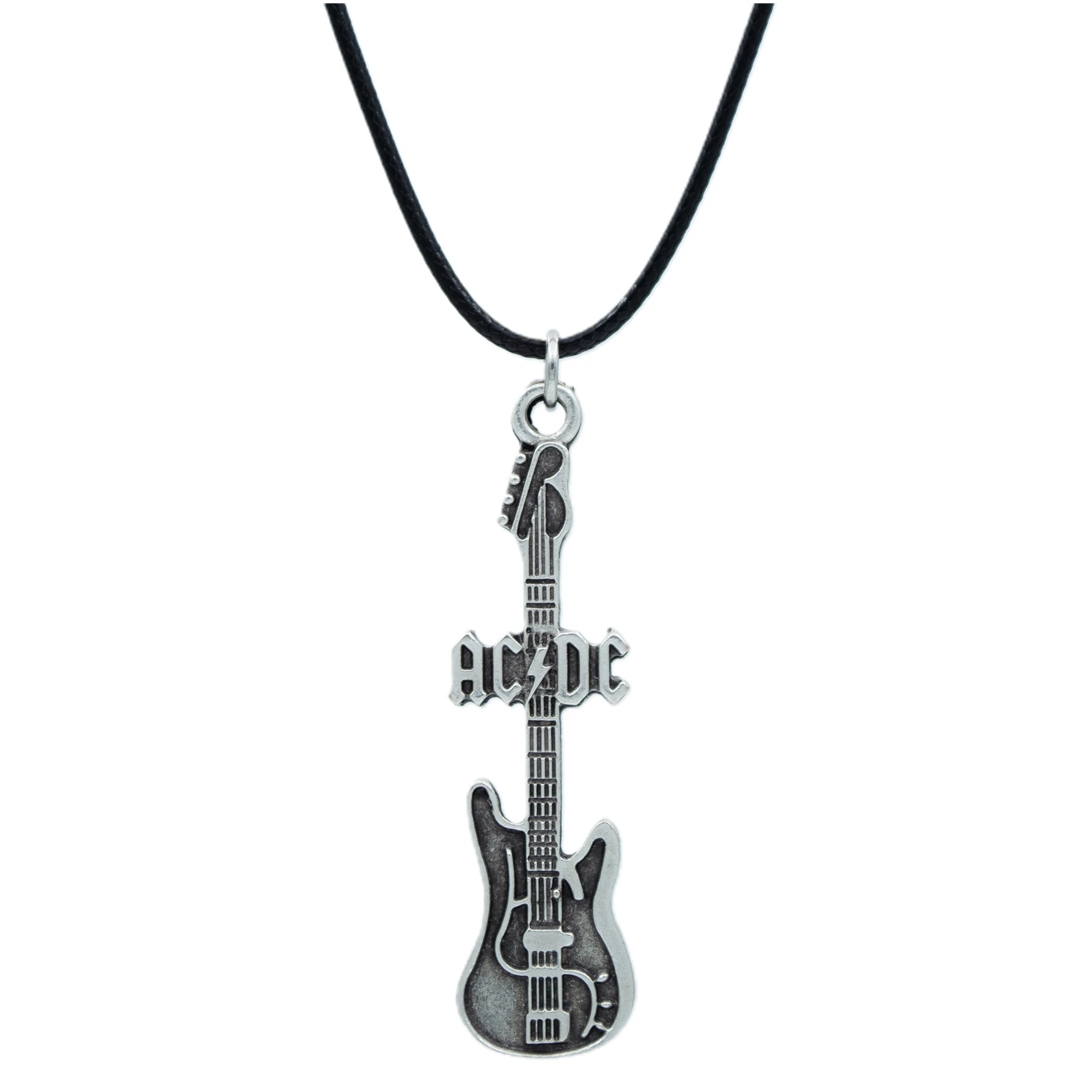 AC/DC Elektro Gitar Kolye - Gümüş ( Silver ) Renk - 60 cm Deri İp Kolye
