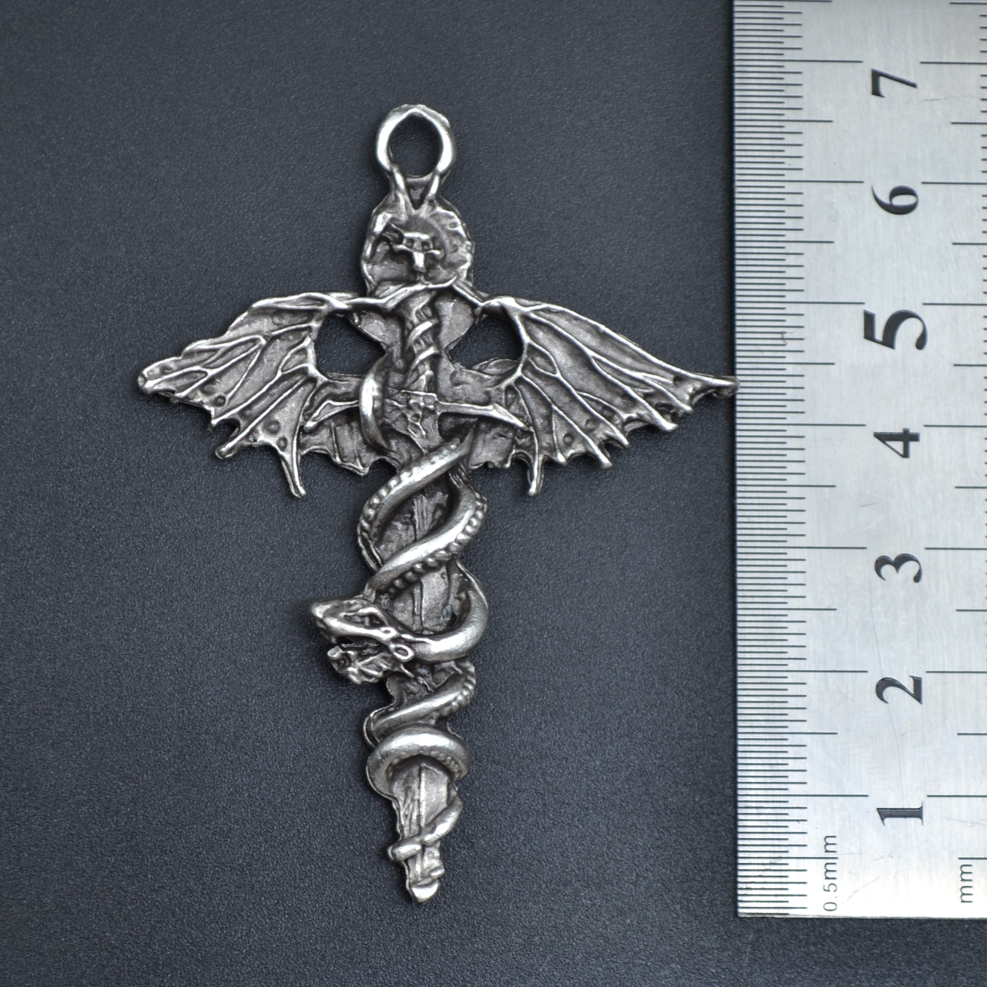 Kılıç Yılan Yarasa Kolye - Gümüş ( Silver ) Renk - 60 cm Deri İp Kolye