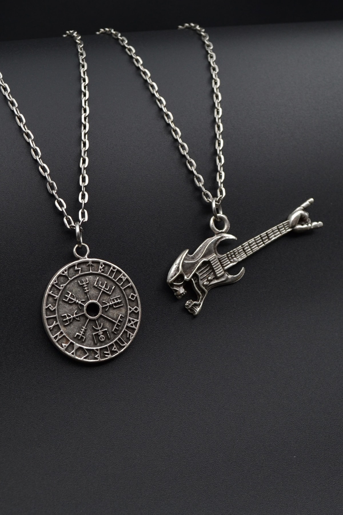 2'li Viking Pusula - Kuru Kafa Elektro Gitar Erkek Kadın Kolye Seti