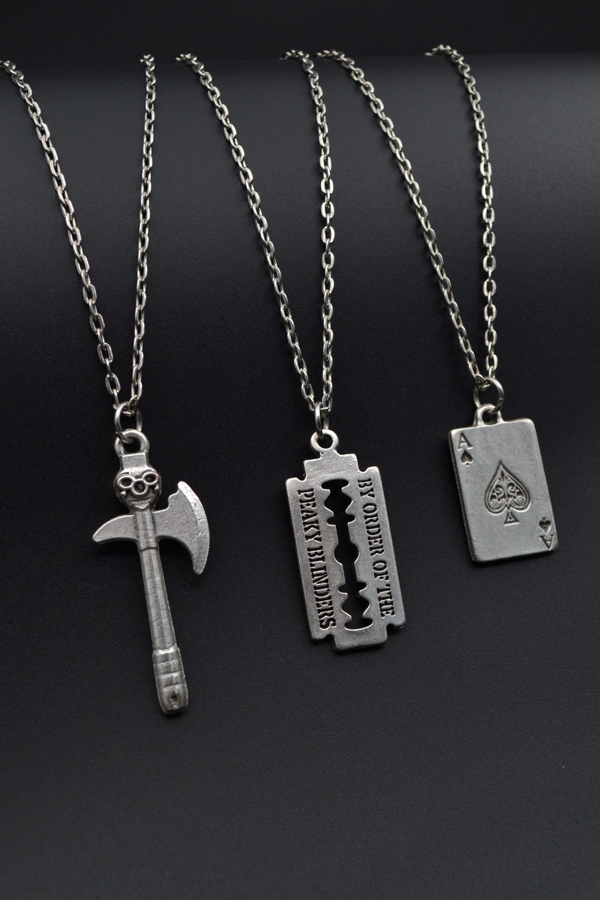 3'lü Kuru Kafa Balta Peaky Blinders Jilet As Kağıt Erkek Kadın Kolye Seti