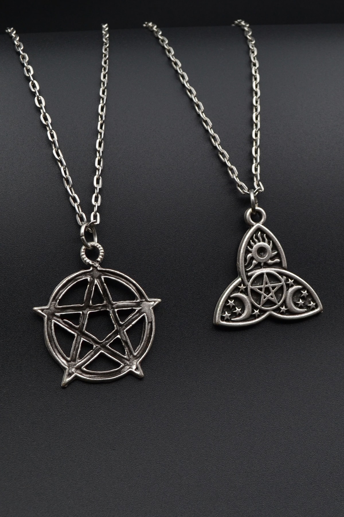 2'li Pentagram - Triquetra Güneş Ay Yıldız Erkek Kadın Kolye Seti