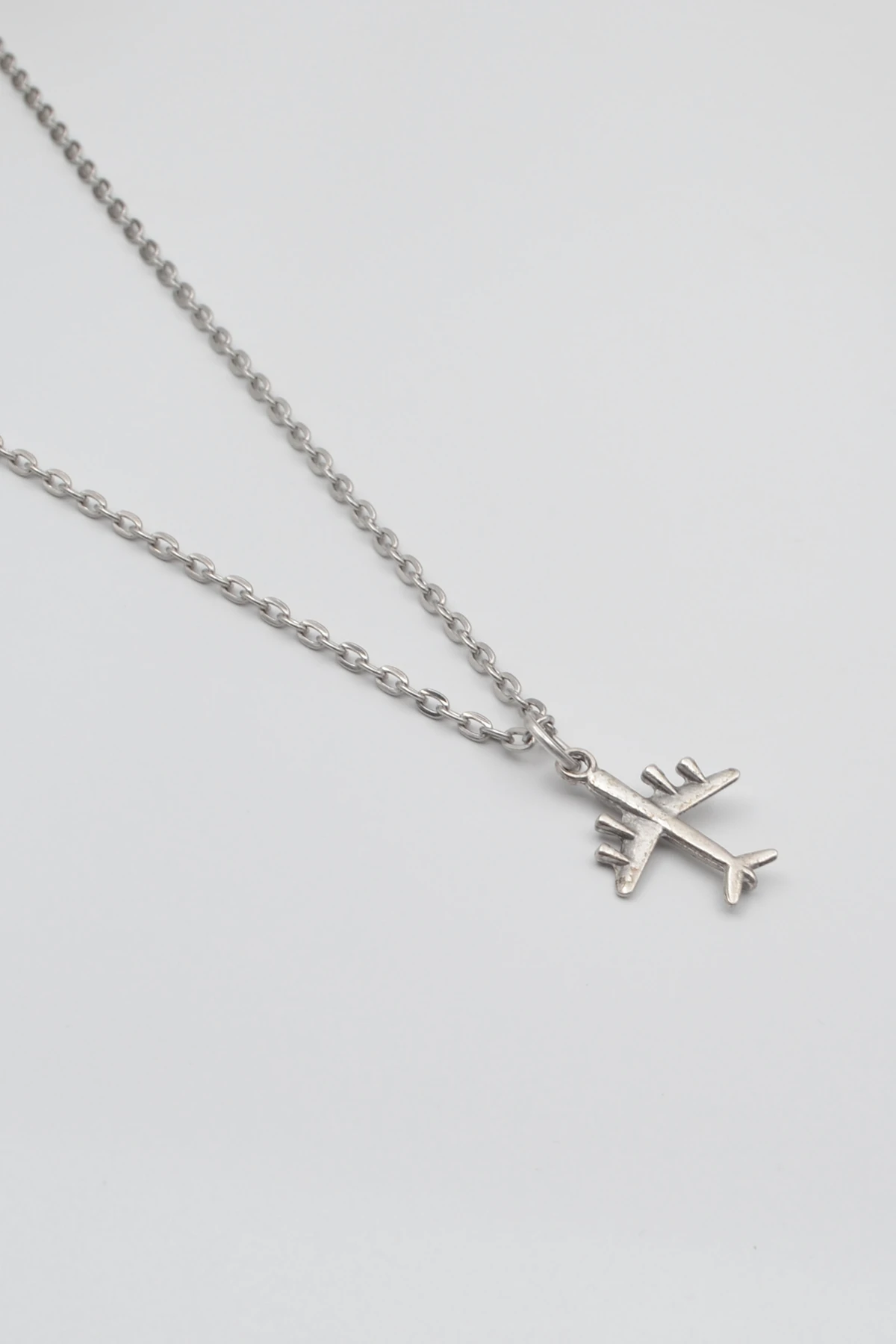 Küçük Uçak Düz Ezme Zincir Kolye - Antik Gümüş Kaplama - Kadın Erkek - 60 cm