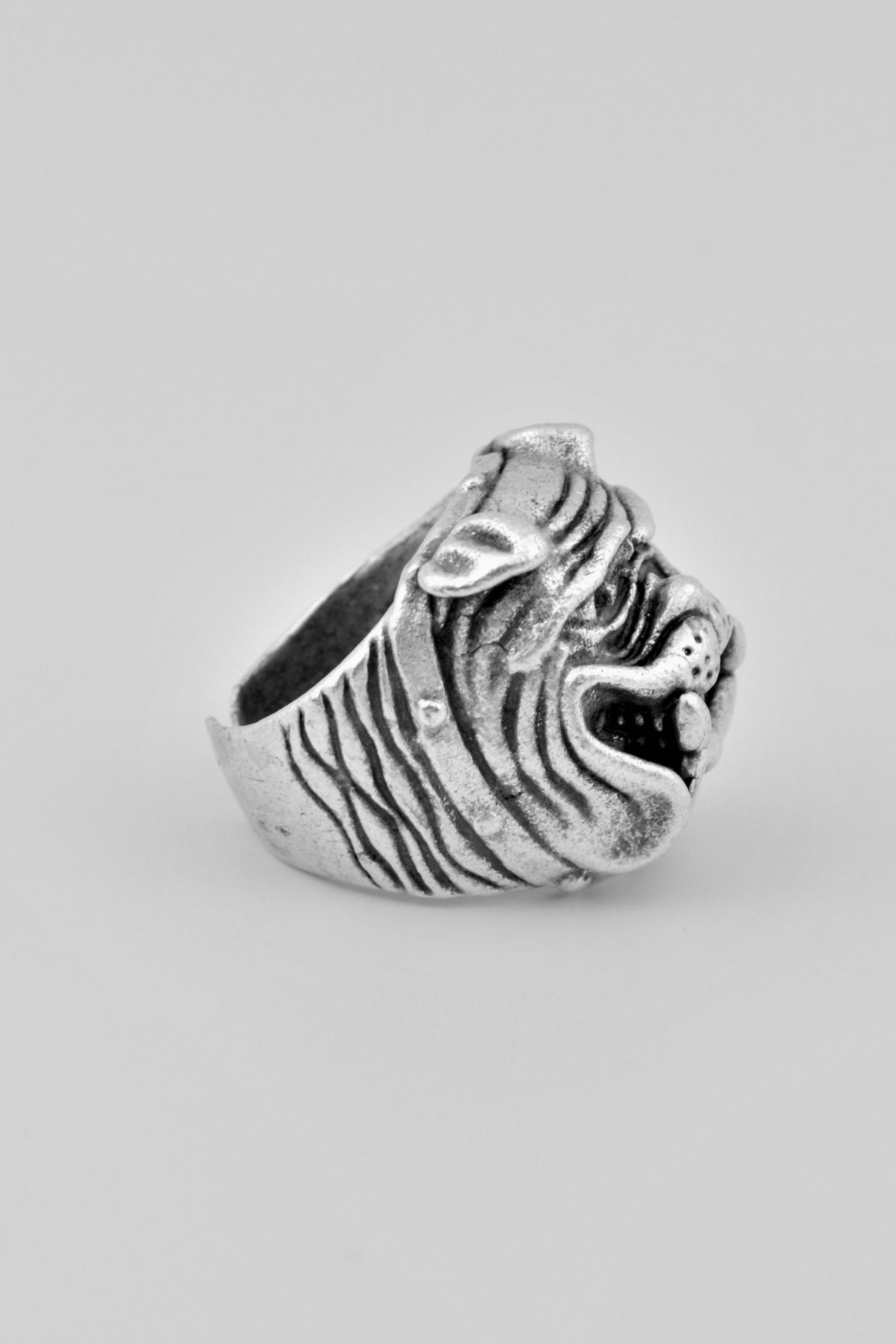 Bulldog Köpek Kafası Gümüş Kaplama Ayarlamalı Erkek Yüzük