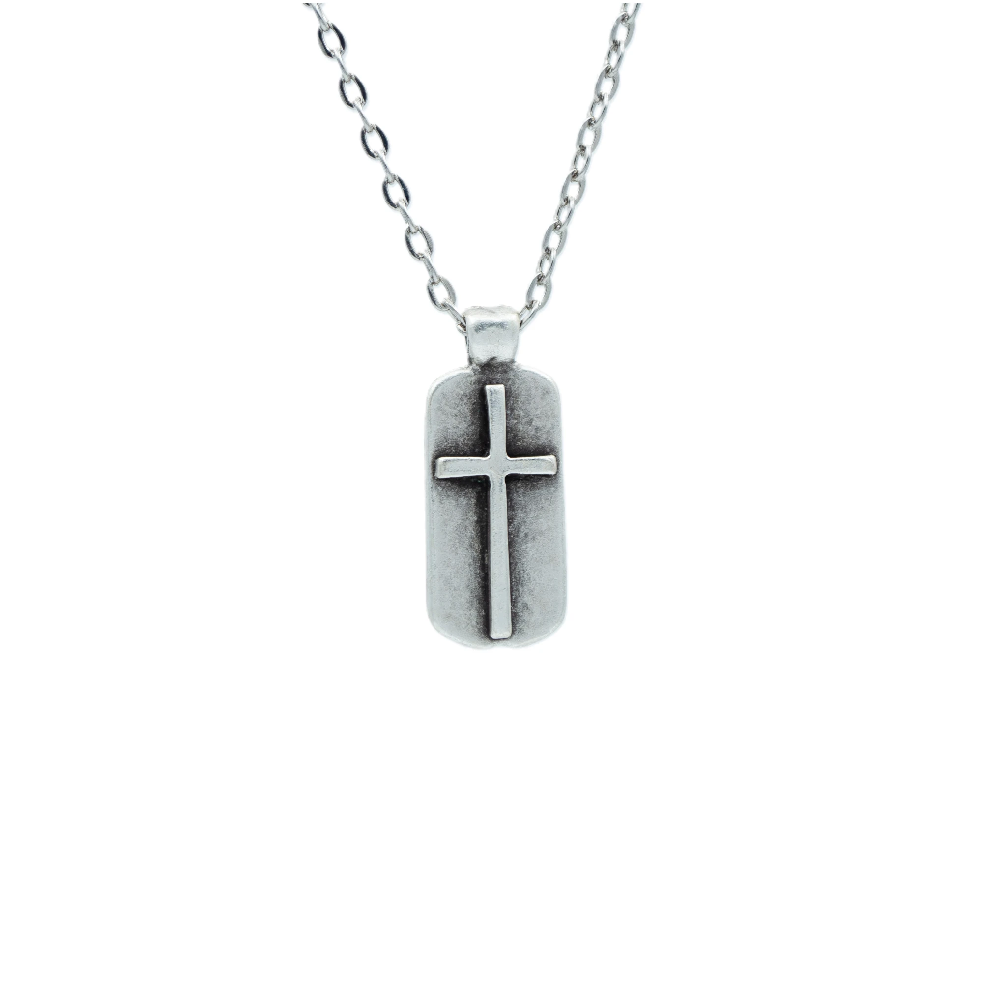 Minimal Haç Künye Kolye - Gümüş ( Silver ) Renk - 60 cm Düz Ezme Zincir Kolye