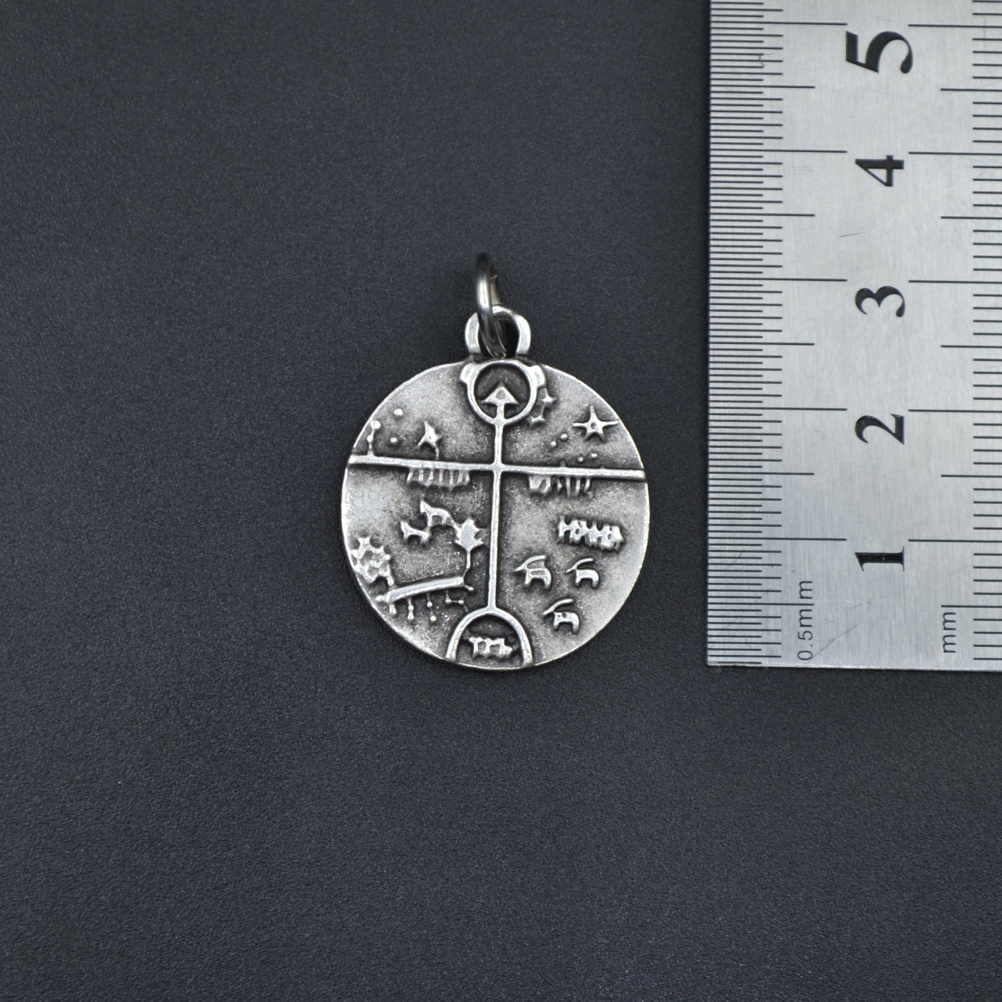 Şaman Kam Davulu Kolye - Gümüş ( Silver ) Renk - 60 cm Deri İp Kolye