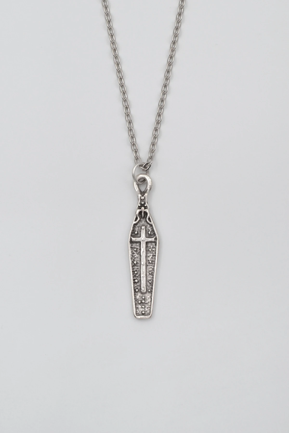 Gotik Haçlı Tabut Düz Ezme Zincir Kolye - Antik Gümüş Kaplama - Kadın Erkek - 60 cm