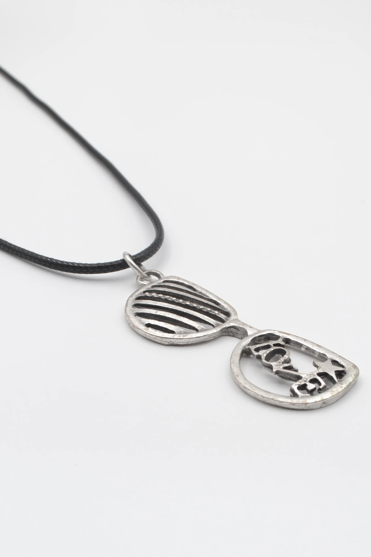 Gözlük ve Love Siyah Deri İp Kolye - Antik Gümüş Kaplama - Kadın Erkek - 60 cm