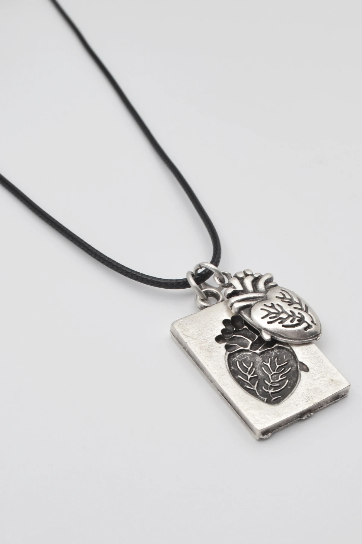 Kalp Bulmaca 2'li Kolye - Gümüş ( Silver ) Renk - 60 cm Deri İp Kolye