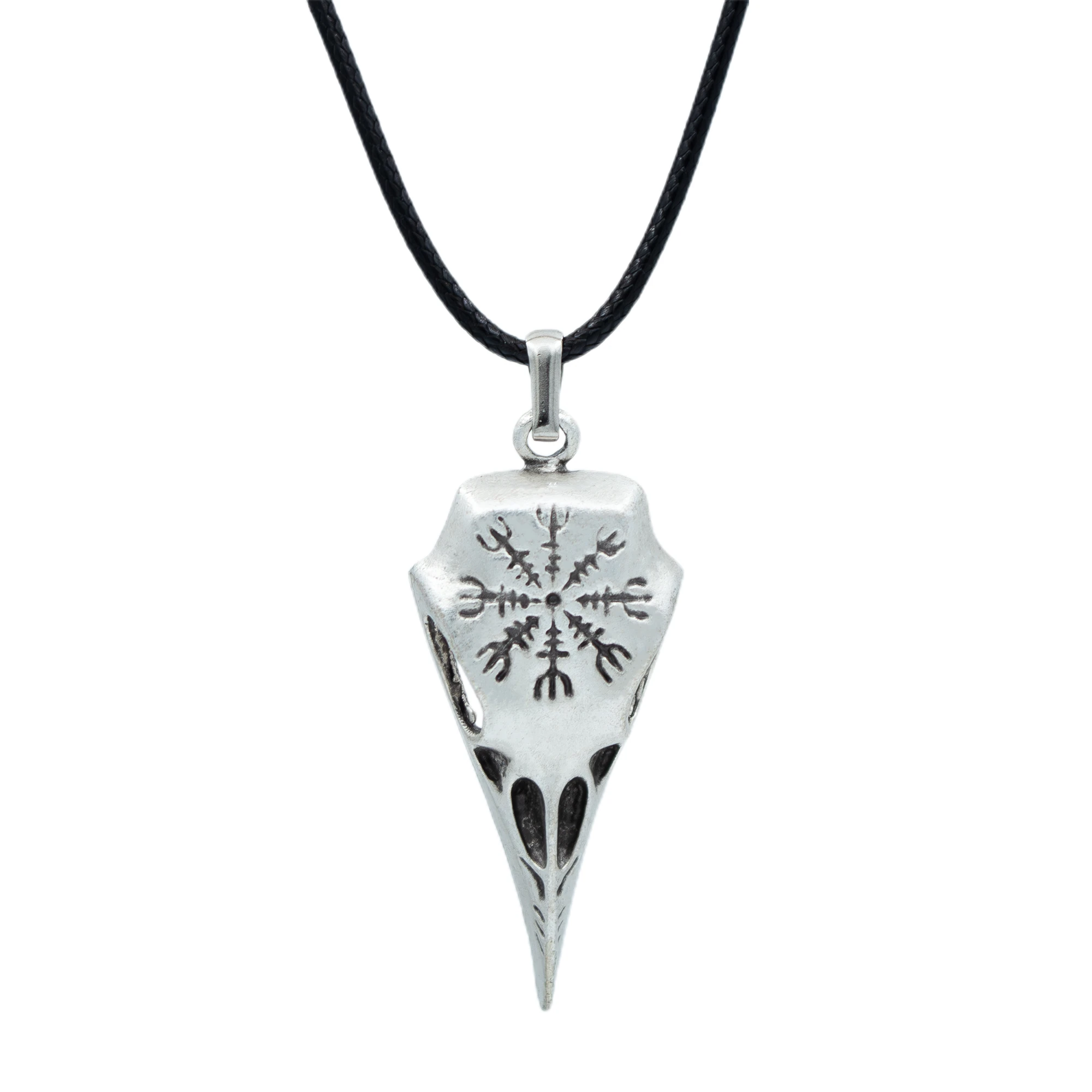 Kuzgun Kafatası - Vegvisir Kolye - Gümüş ( Silver ) Renk - 60 cm Deri İp Kolye