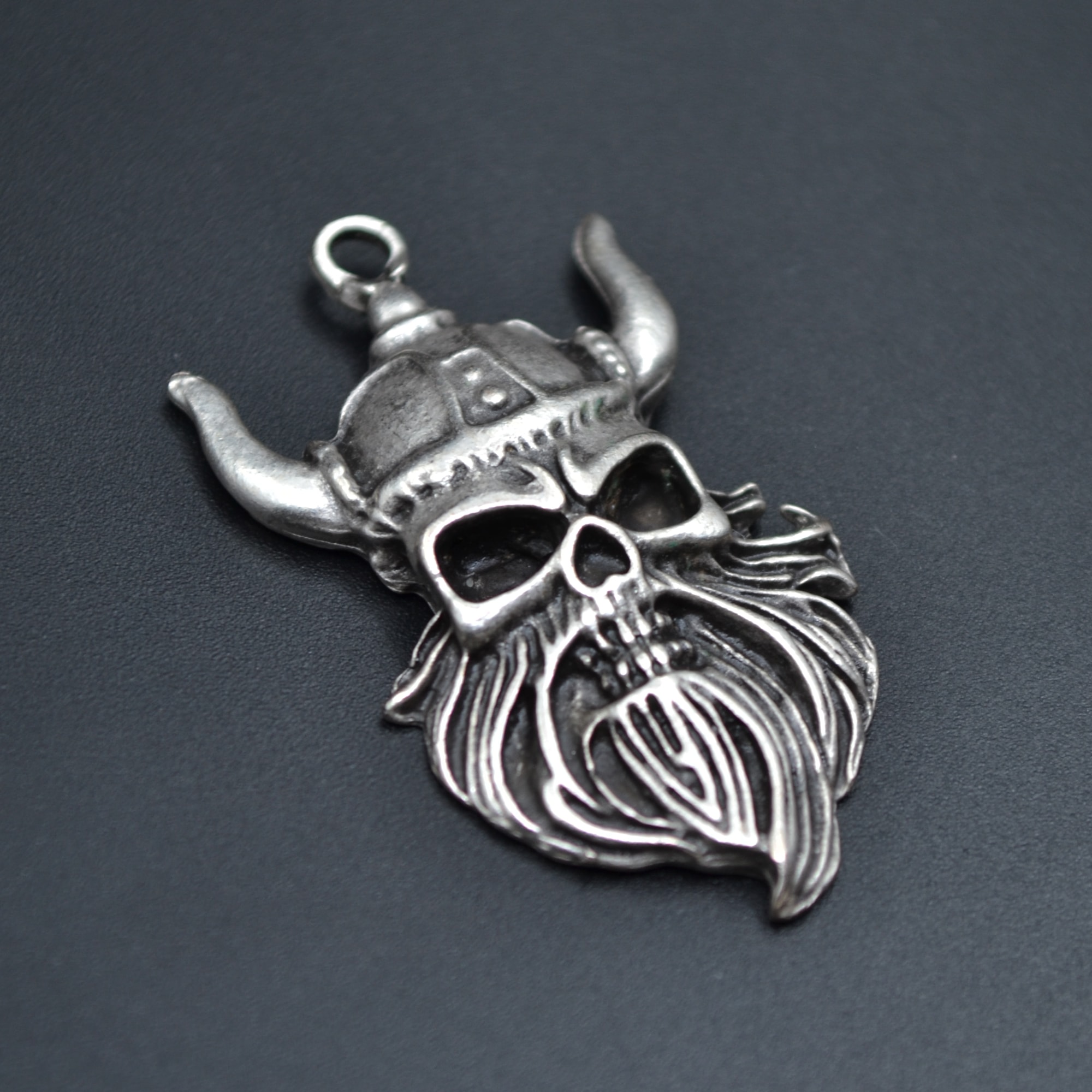Viking Sakallı Kuru Kafa Kolye - Gümüş ( Silver ) Renk - 60 cm Deri İp Kolye