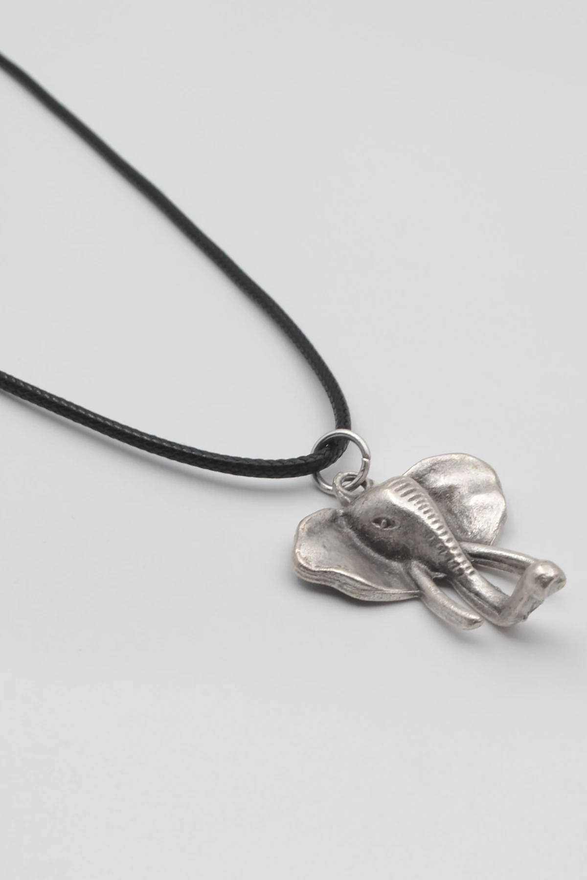 Fil Kafası KolyeSiyah Deri İp Kolye - Antik Gümüş Kaplama - Kadın Erkek - 60 cm