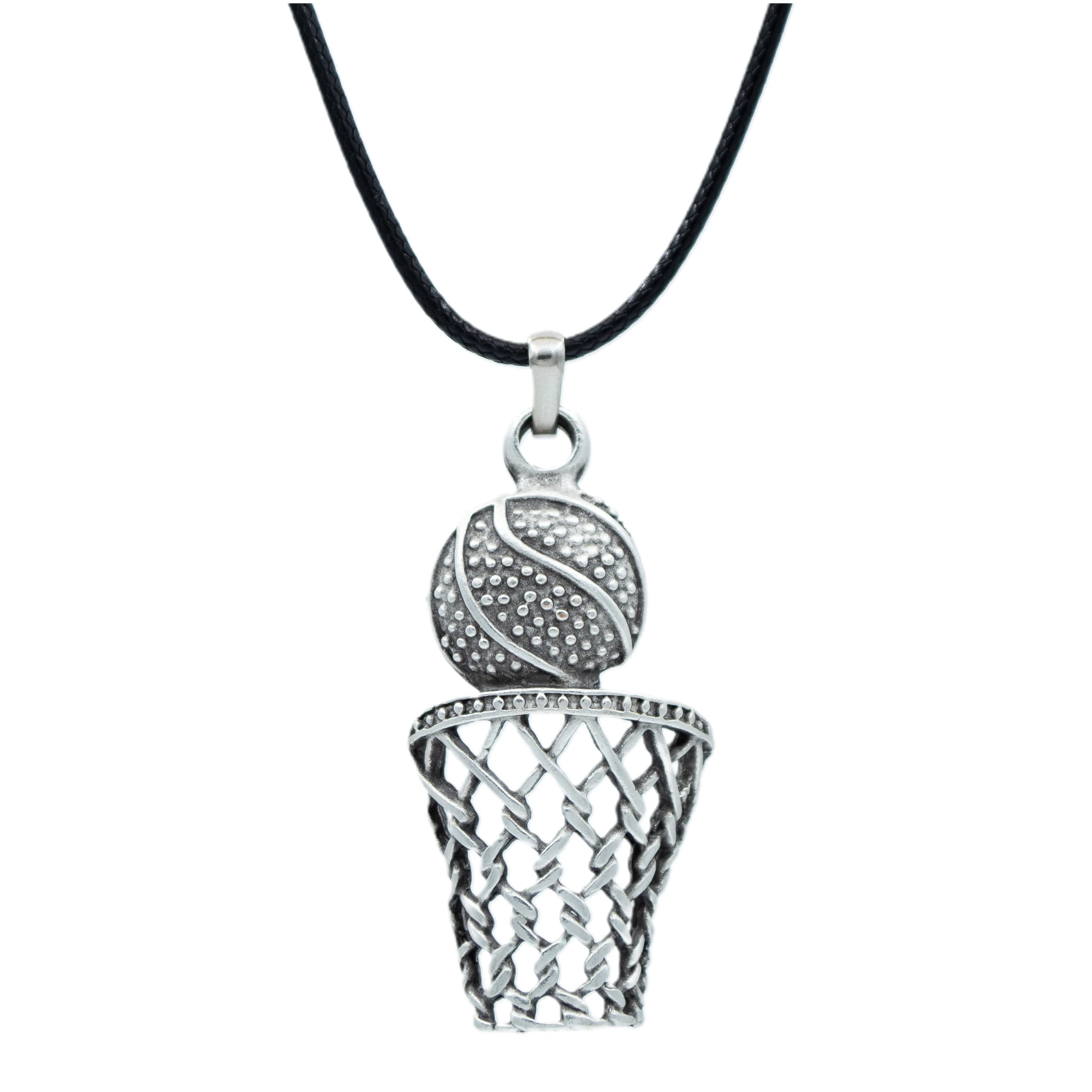 Basket Topu - File - Pota Kolye - Gümüş ( Silver ) Renk - 60 cm Deri İp Kolye